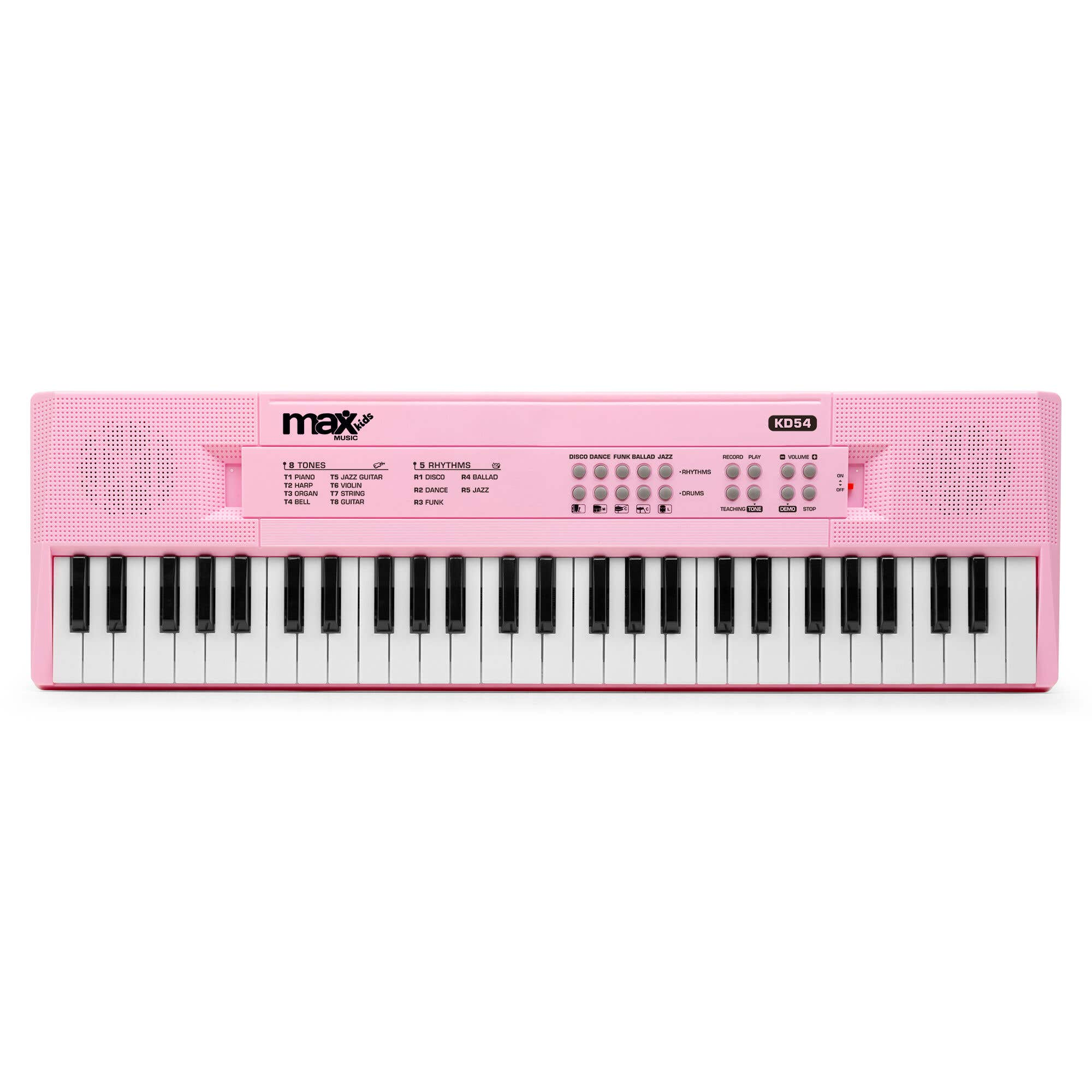 Un teclado rosa Max Kids con teclas blancas y negras, etiquetado con tonos, ritmos y funciones.