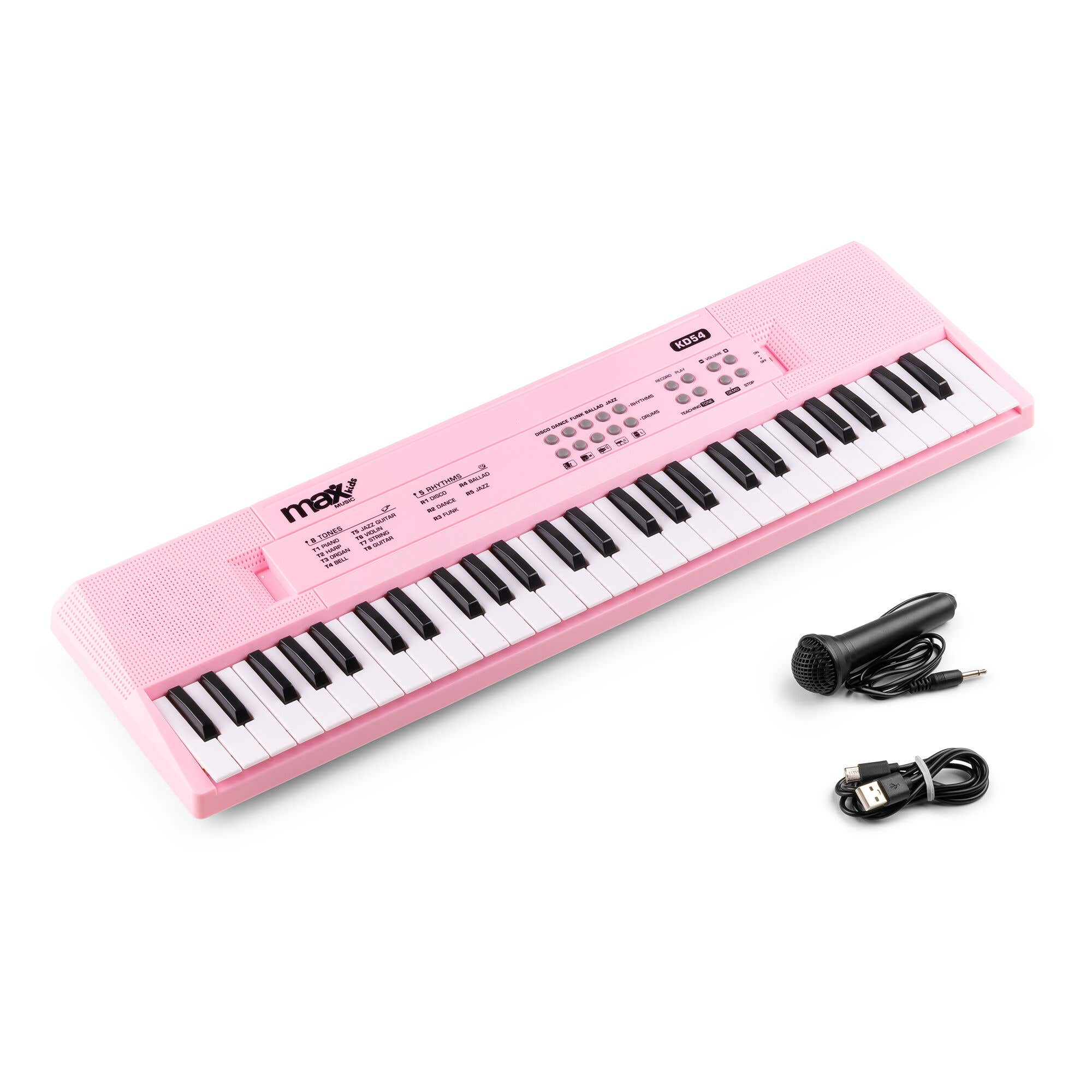 Un teclado de juguete rosa con teclas blancas y negras, un micrófono y un cable de carga sobre una superficie blanca.