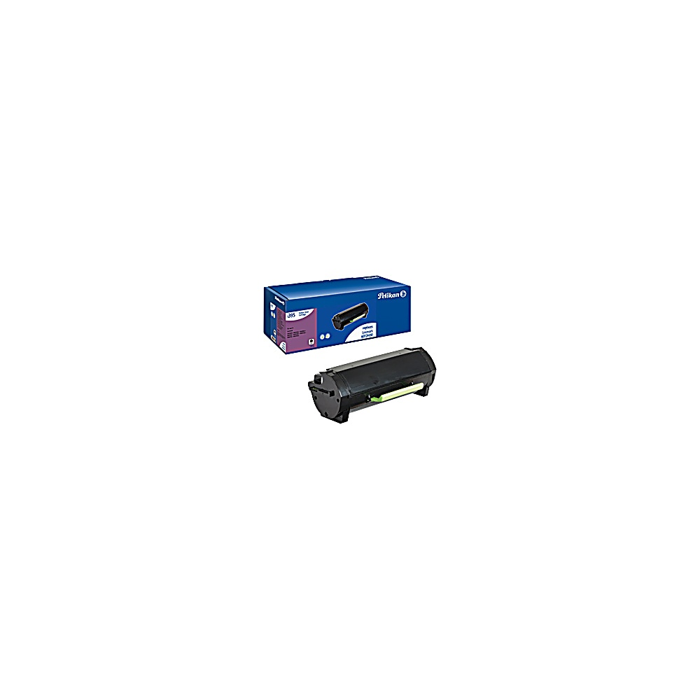 Una cartuccia toner nera per stampante e la sua scatola blu con il marchio Pelikan. Lo sfondo è bianco.