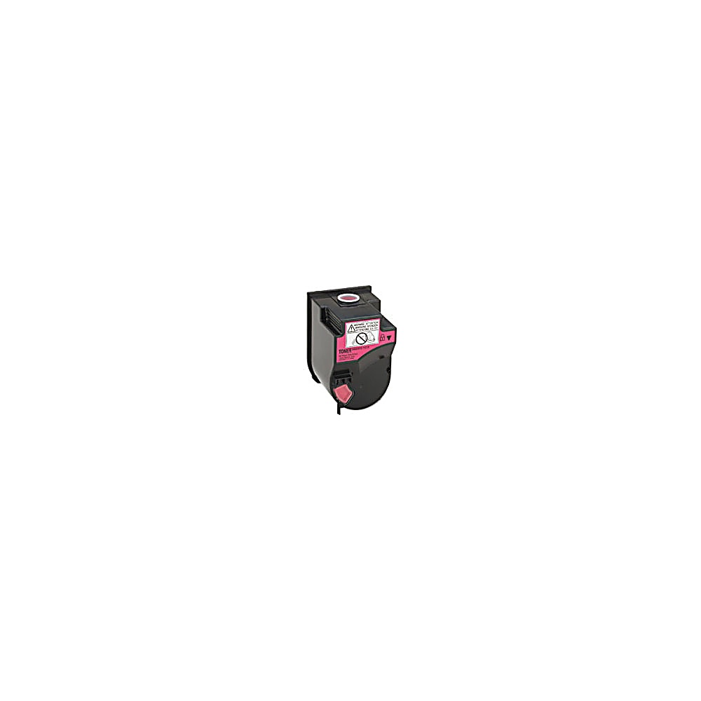Una cartuccia di toner per stampante, nera e rosa, con avvertenze. È su sfondo bianco.