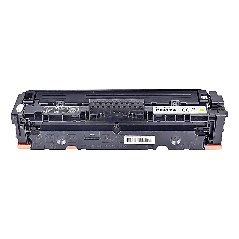 Una cartuccia toner nera e pesca, etichettata CF412A. Presenta un codice a barre, vari simboli e un adesivo giallo.