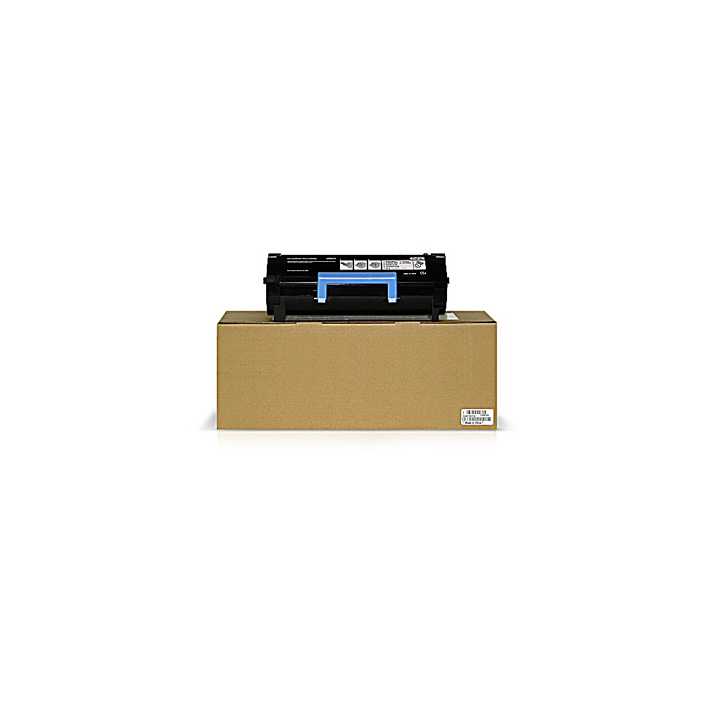Una cartuccia di toner nera per stampante con manico blu è appoggiata su una scatola di cartone marrone, su sfondo bianco.
