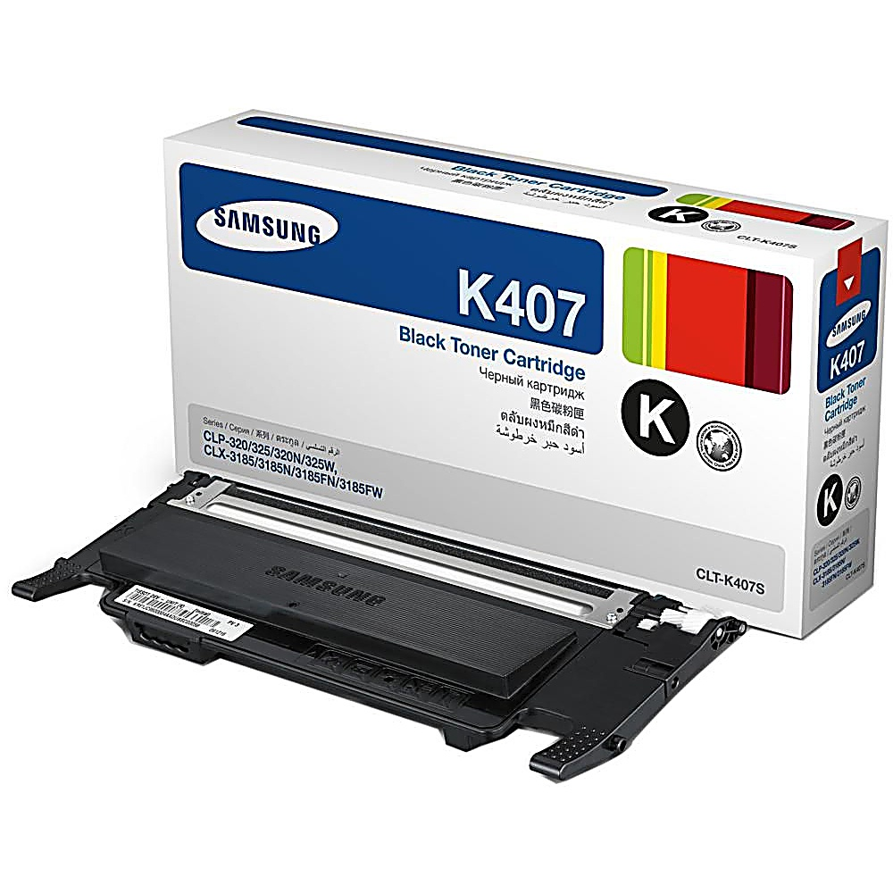 Beyaz bir yüzeyde bir Samsung K407 siyah toner kartuşu kutusu ve siyah bir toner kartuşu.