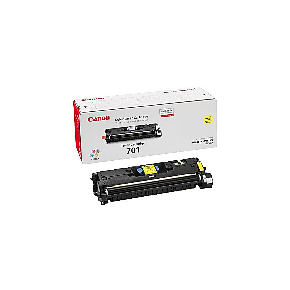 Una cartuccia toner Canon 701 e la sua scatola su sfondo bianco. La scatola ha dettagli rossi e l'immagine della cartuccia.