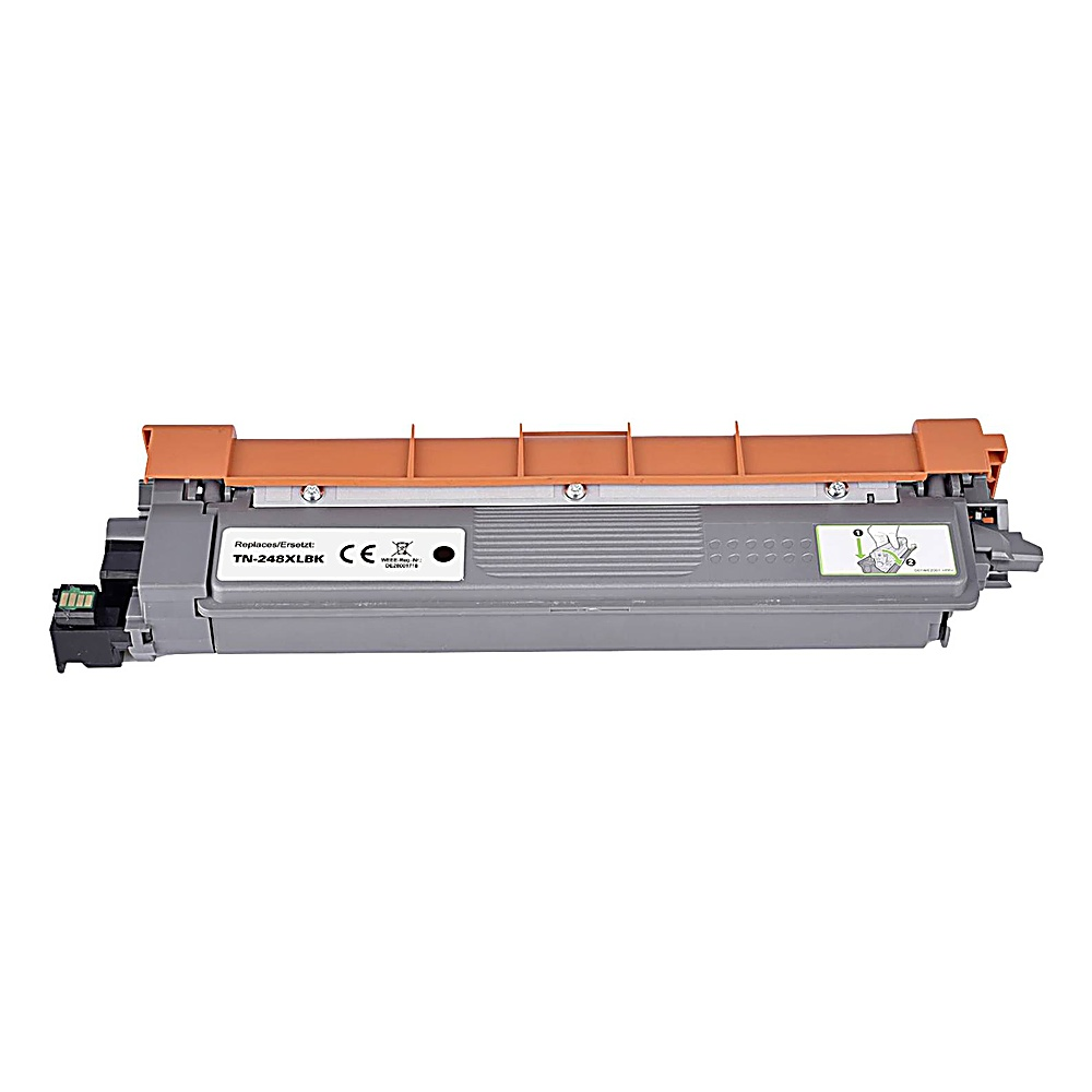Una cartuccia toner Brother TN-248XLBK grigia e arancione su sfondo bianco. Ha etichette e contrassegni.
