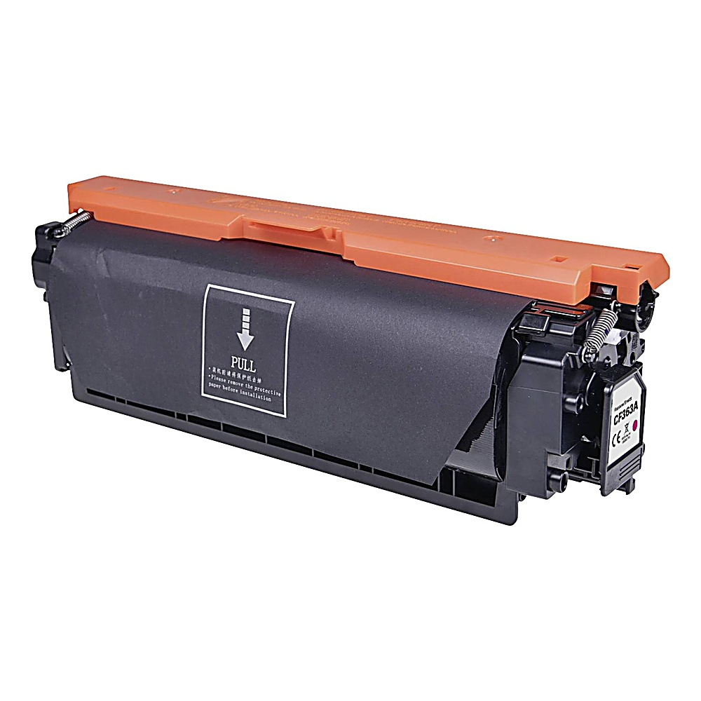 Una cartuccia toner per stampante. È nera e arancione con un'etichetta 'PULL'. La cartuccia ha il numero di modello 'CF363A'.
