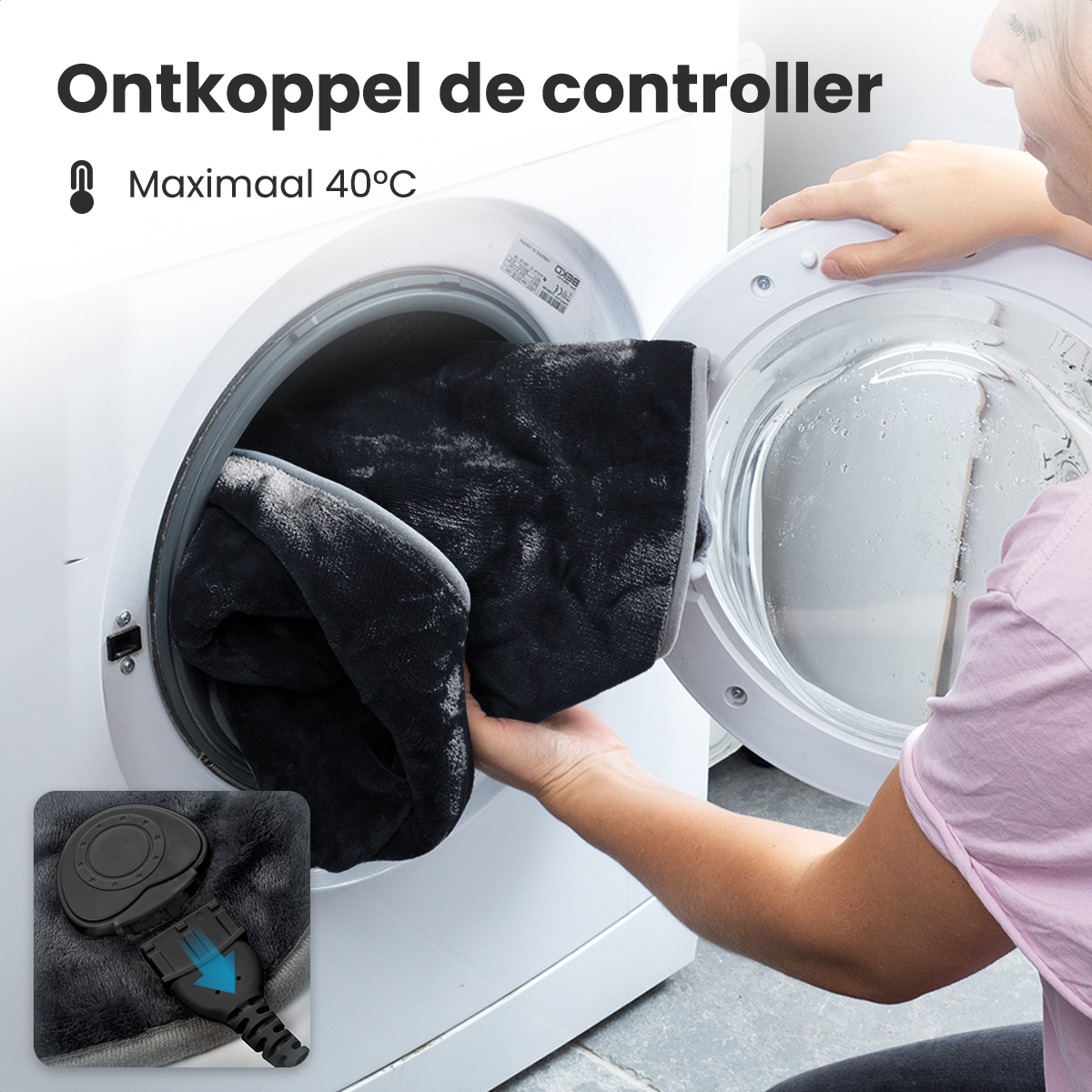 A woman removes a dark blanket from a washing machine. Text says 'Disconnect the controller' and 'Maximum 40°C'.