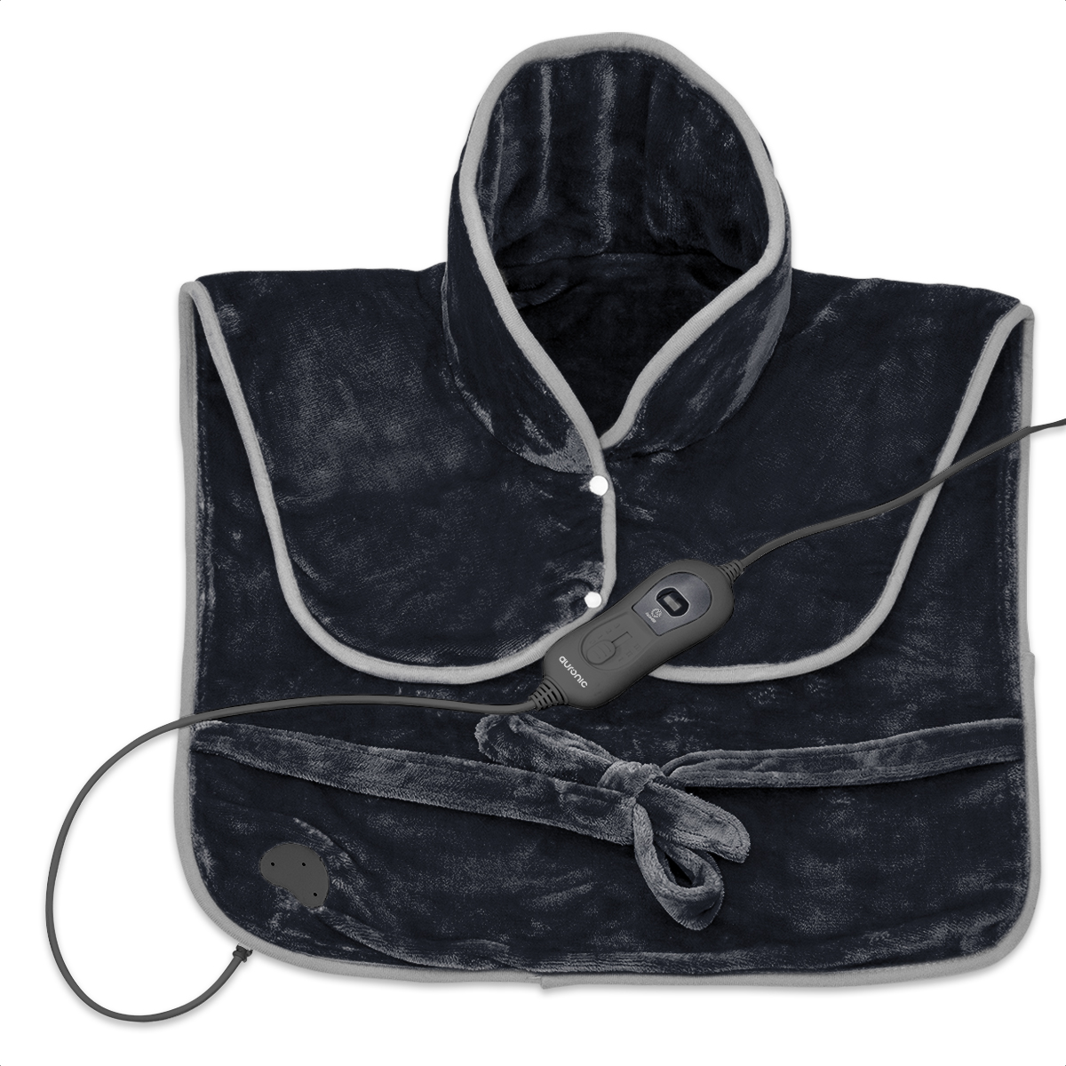 A dark gray heated neck wrap with a hood, light gray trim, and a control panel.  It has a tie closure and a power cord.