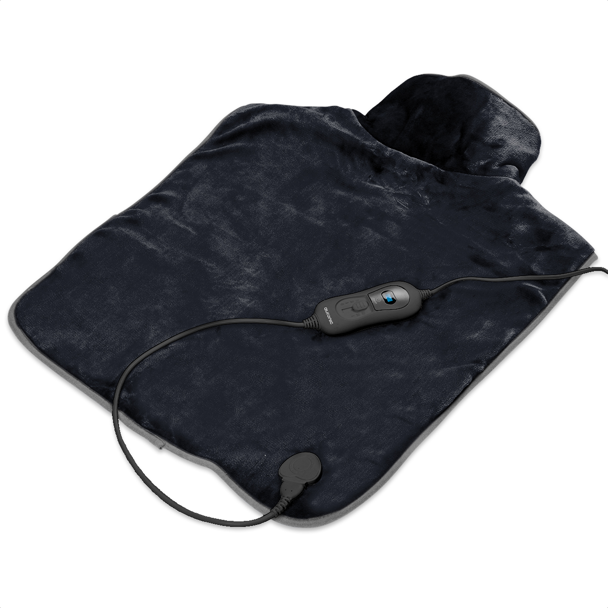 A black heating pad with a control panel and power cord lies on a white surface. The pad has a soft, plush texture.