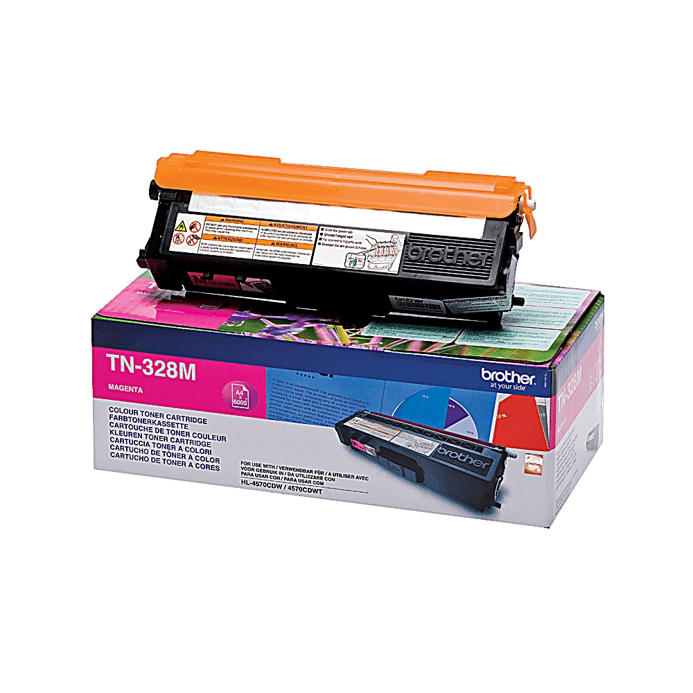 Cartuccia toner magenta Brother TN-328M su una scatola. La cartuccia è arancione e nera, la scatola magenta, blu e bianca.