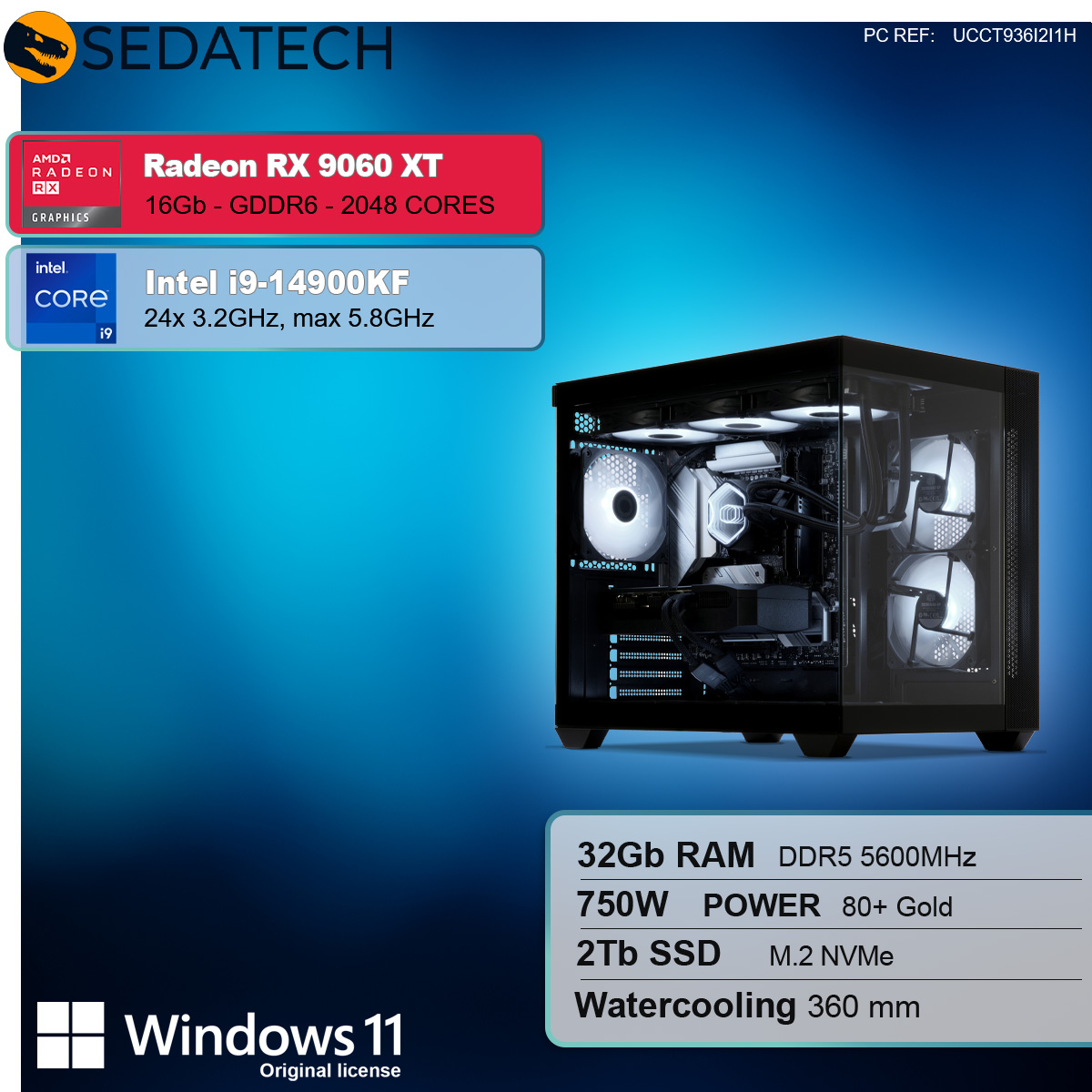 Ein Computergehäuse mit Komponenten wie Radeon RX 9060 XT und Intel i9-14900KF, Windows 11 Logo und Spezifikationen.