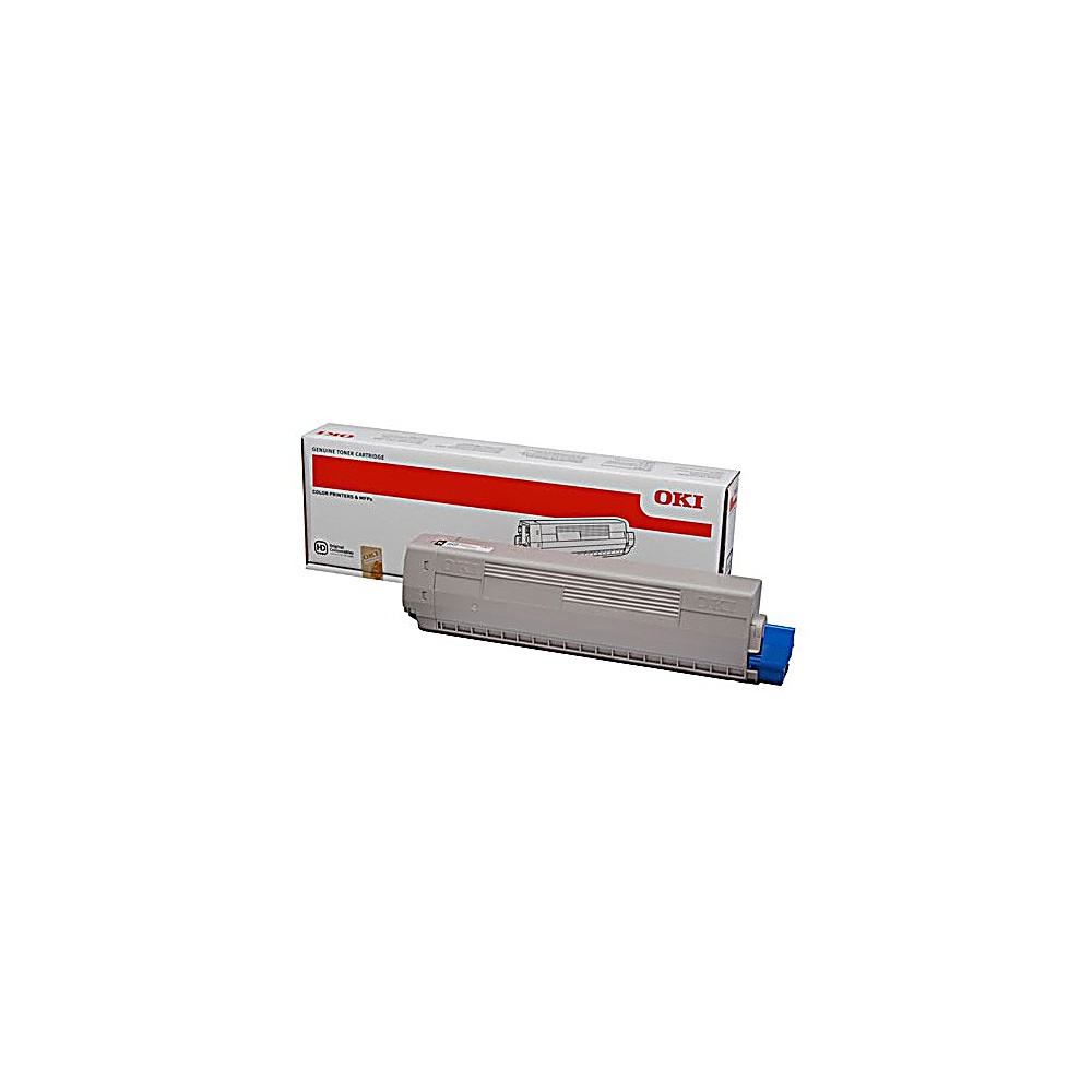 Una cartuccia toner OKI e la sua scatola su sfondo bianco. La cartuccia è grigia con un'estremità blu. La scatola è bianca e rossa.