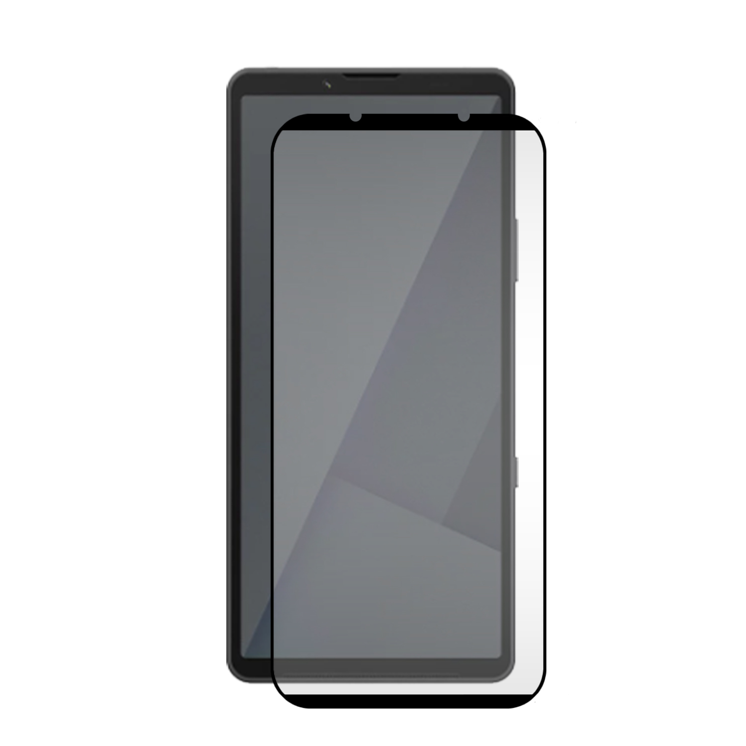 Un smartphone avec un protecteur d'écran. Le téléphone est noir, avec un protecteur d'écran en verre. Fond blanc.