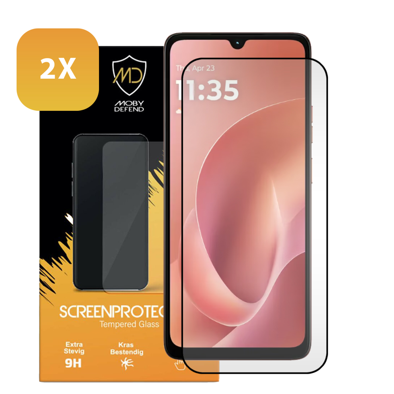 Een telefoon met schermbeschermer. Een doos met 'SCREENPROTE' en '2X' erop. 'MOBY DEFEND' logo is zichtbaar.