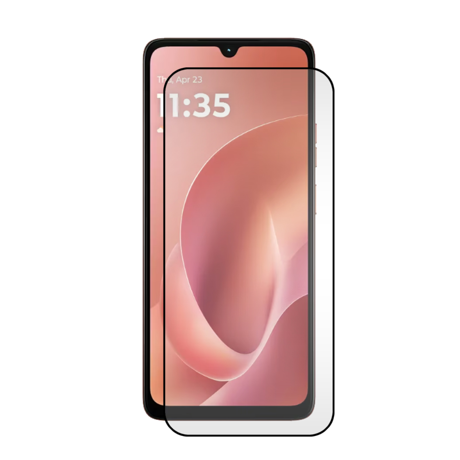 Un smartphone avec un protecteur d'écran. L'écran affiche l'heure, 11h35. Le fond est un design abstrait rose et blanc.