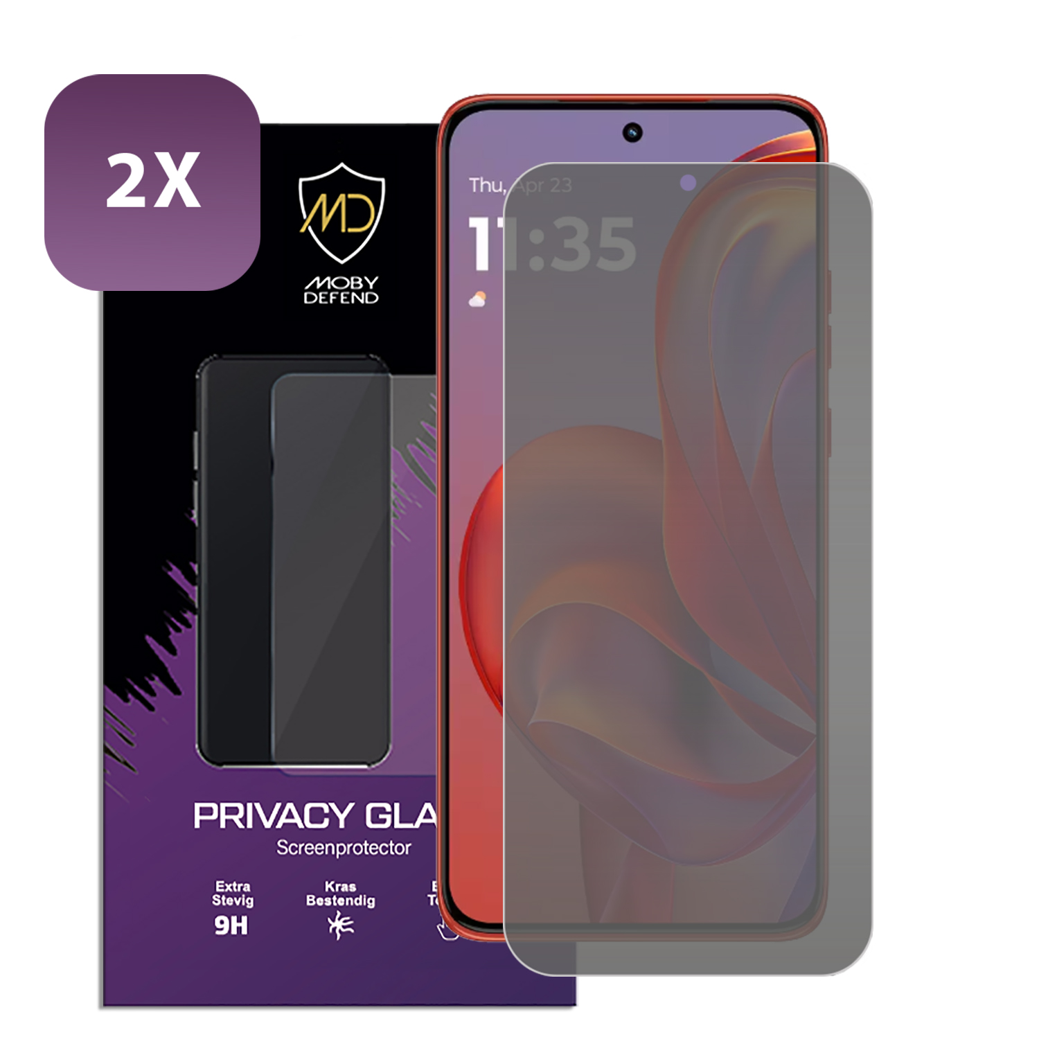 Un téléphone avec un protecteur d'écran de confidentialité à côté de la boîte du protecteur d'écran. La boîte porte le nom de la marque et les mots verre de confidentialité.