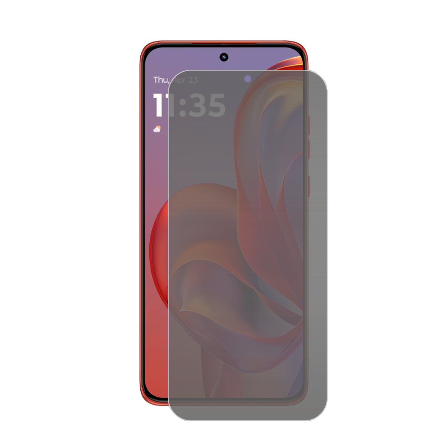 Twee smartphones, één rood, de andere met een schermbeschermer. De eerste toont de tijd, de tweede is bedekt.
