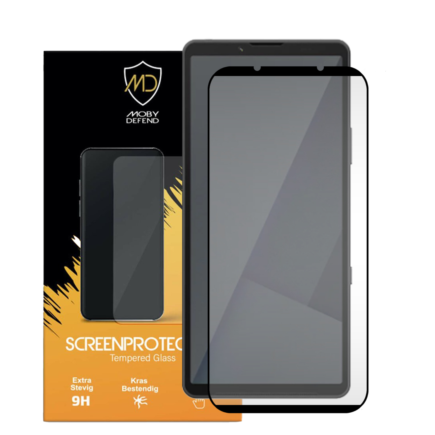 Un kit de protection d'écran pour téléphone. Il comprend un téléphone avec protecteur appliqué, une boîte et un protecteur de rechange.