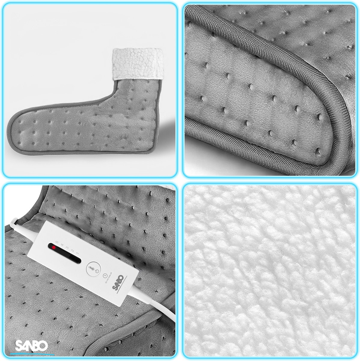 A gray heated foot warmer with a white fuzzy interior. Features a control panel and the brand name SABO.