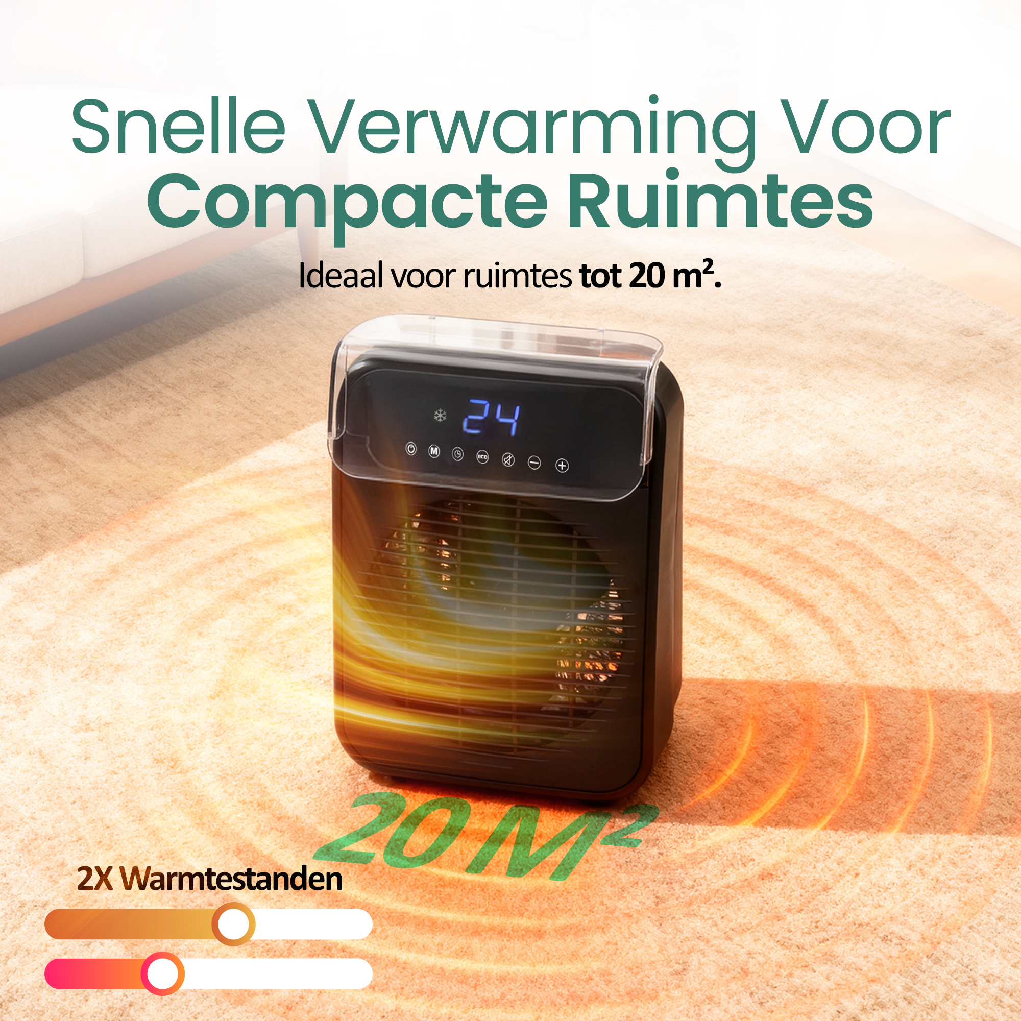 Zwarte kachel met digitaal display, op een vloerkleed. Tekst: Snel verwarmen voor kleine ruimtes. 20m².