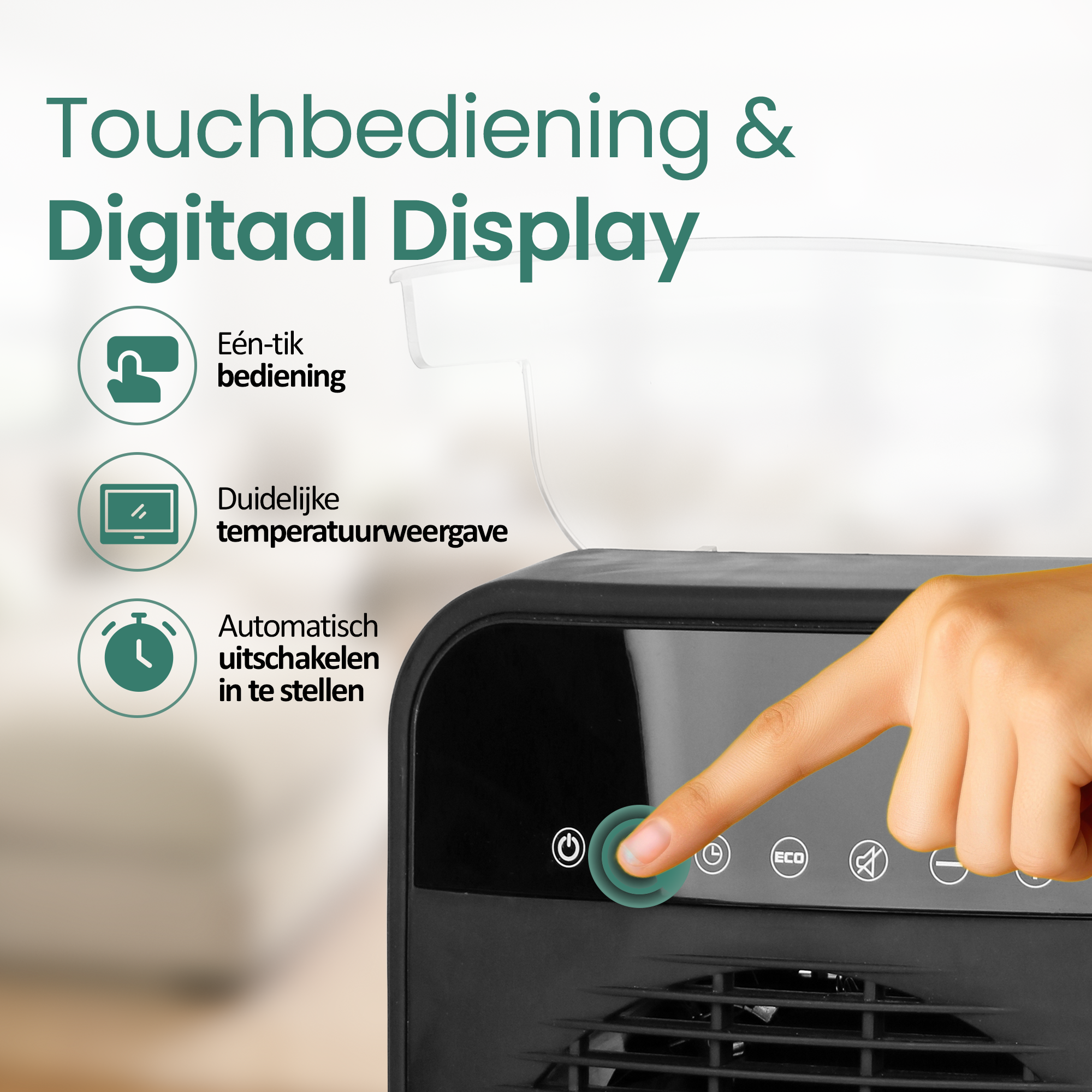 Een vinger drukt op een groene knop op een zwart apparaat. Tekst geeft aanraakbediening en digitale weergave aan.
