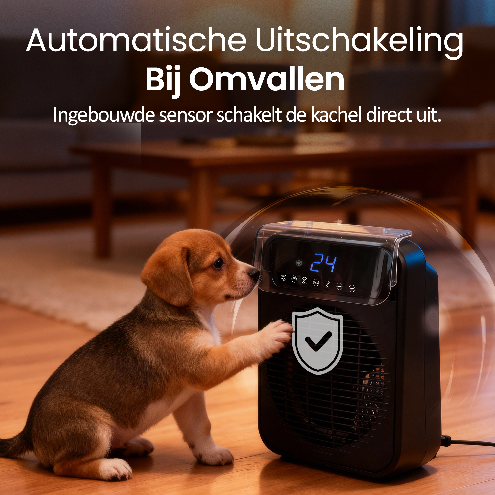 Een puppy raakt een zwarte kachel aan. De kachel toont 24. Tekst: Automatische uitschakeling bij vallen.