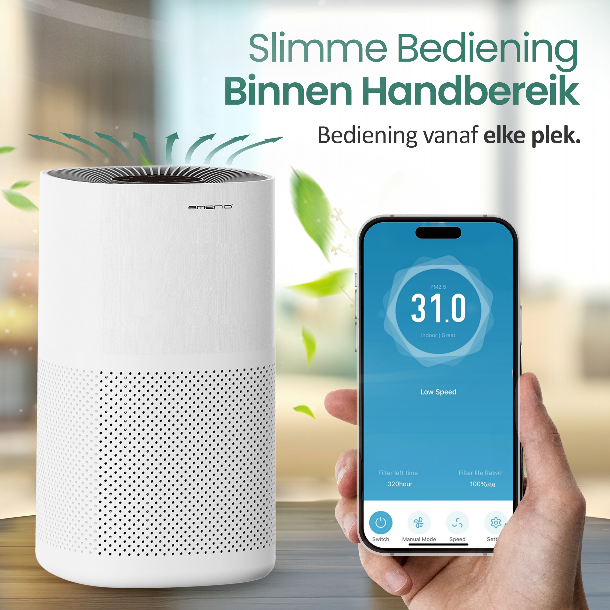 A white air purifier is beside a smartphone showing air quality data. A hand holds the phone. Text in Dutch is visible.