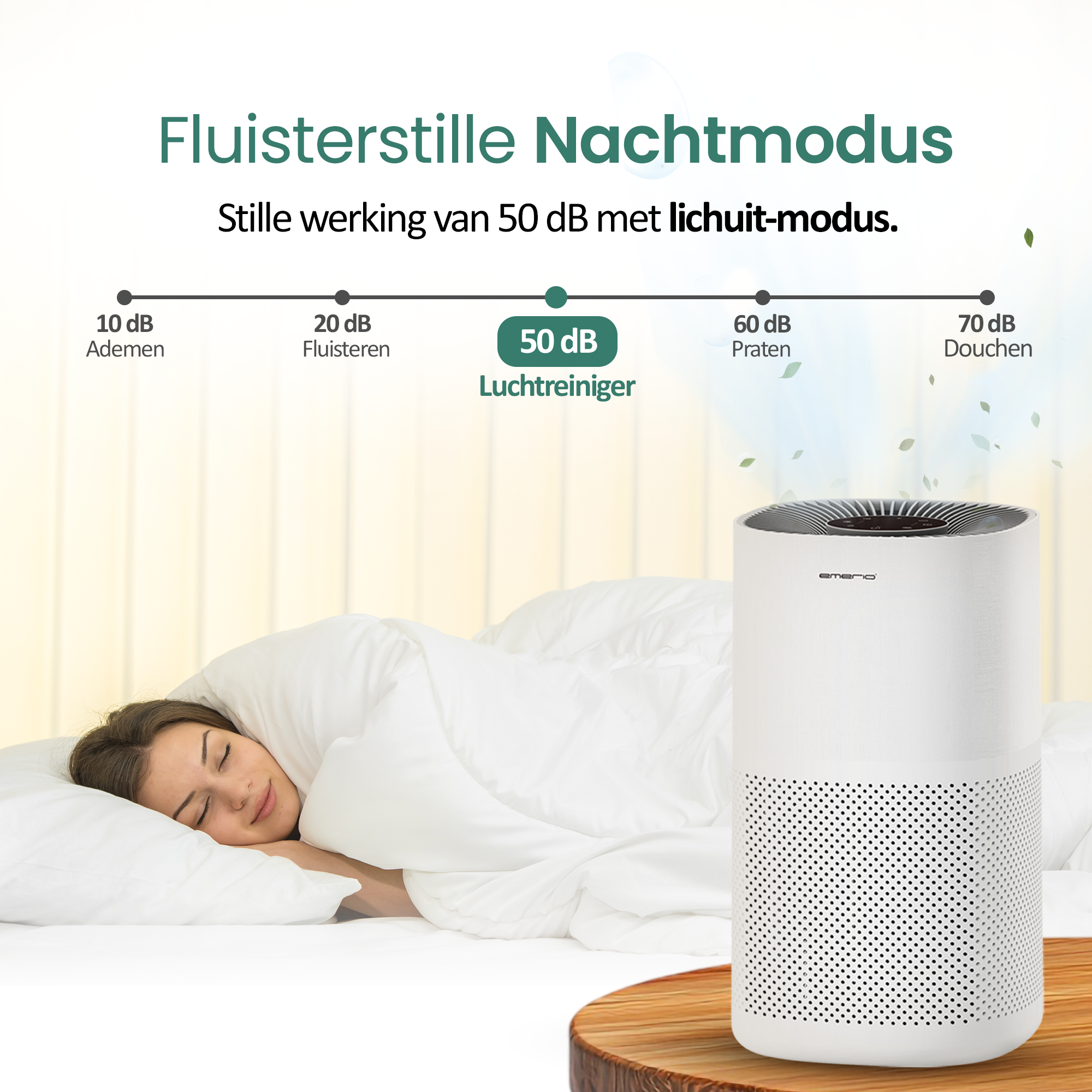 A woman sleeps in bed, next to an air purifier on a wooden surface. Text displays noise levels from breathing to showering.