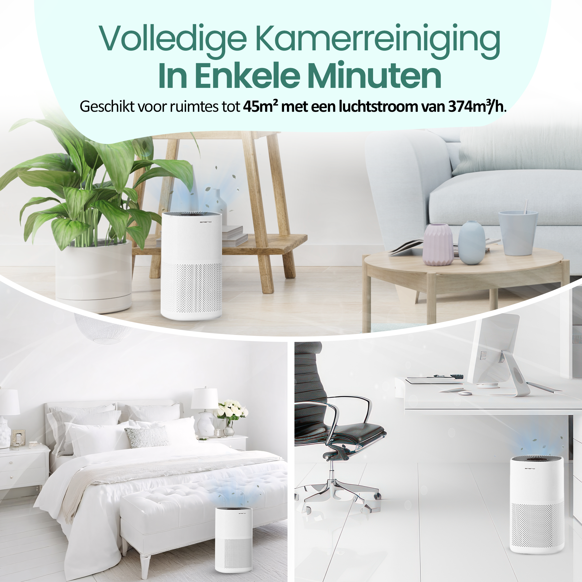 The image shows an air purifier in three different settings: living room, bedroom, and office. Text at the top reads 'Complete Room Cleaning'.