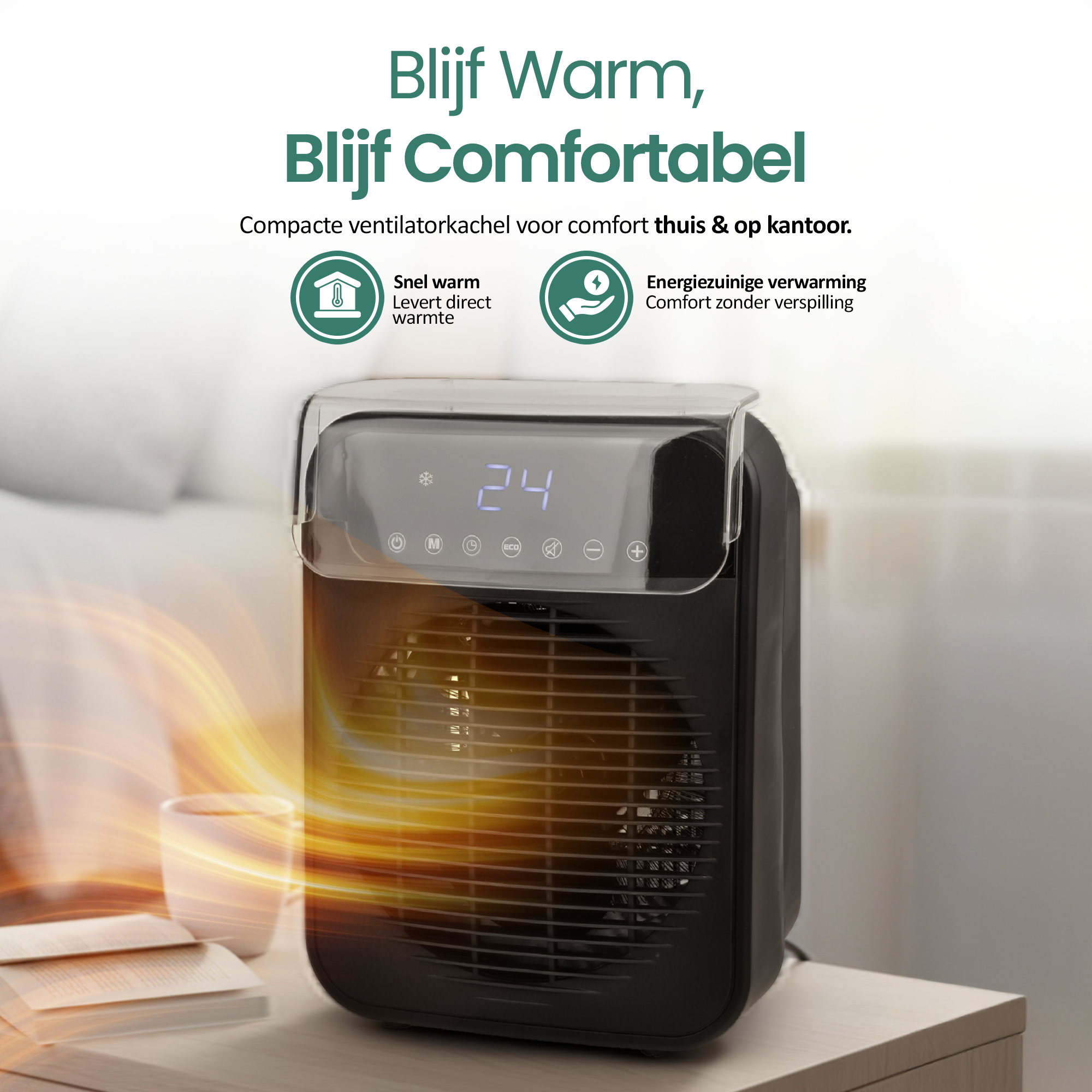 Zwarte ventilatorkachel met digitale display met 24. Een kop en boeken liggen op een tafel. De achtergrond is wazig.