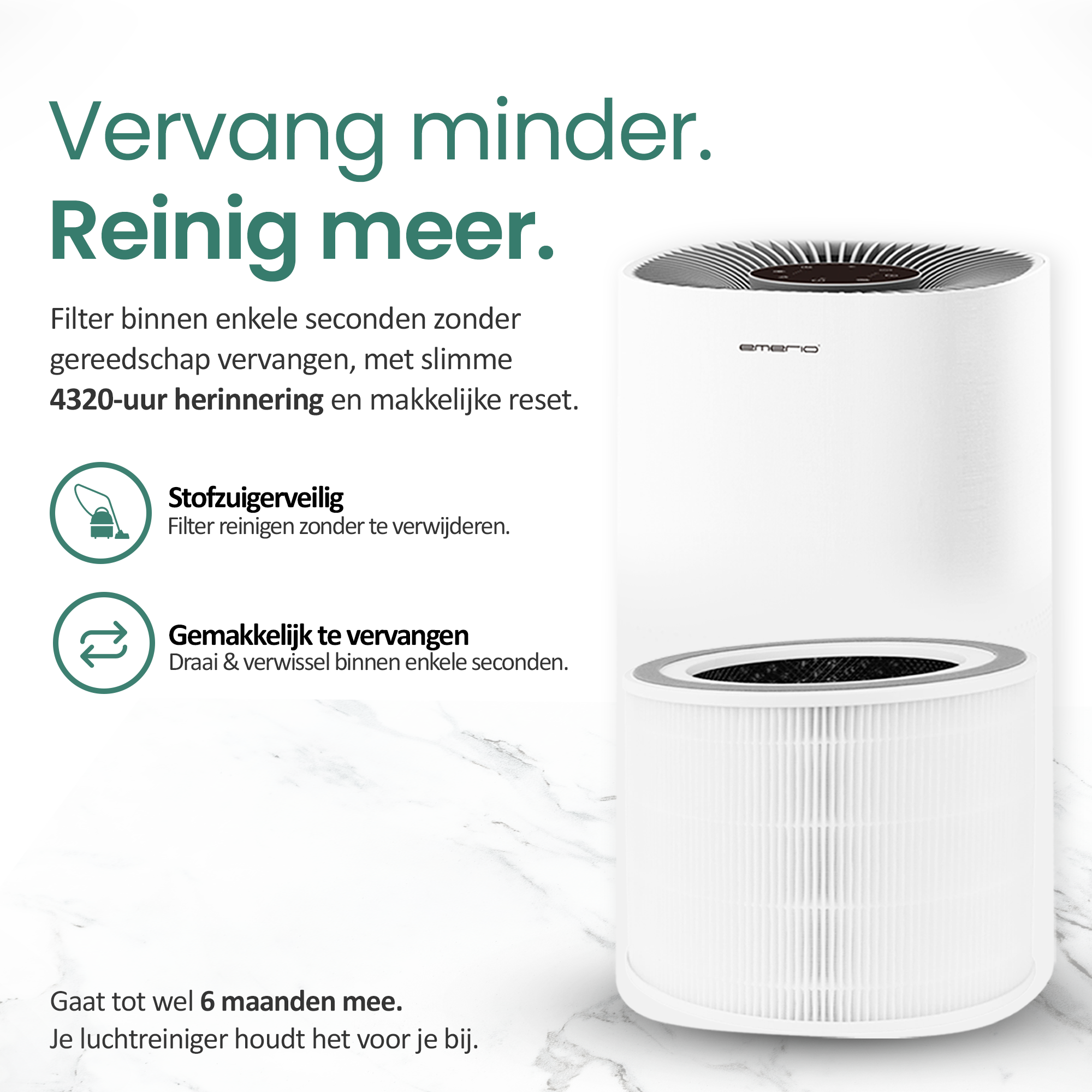A white air purifier with a filter is on a marble surface. Text about cleaning is above.