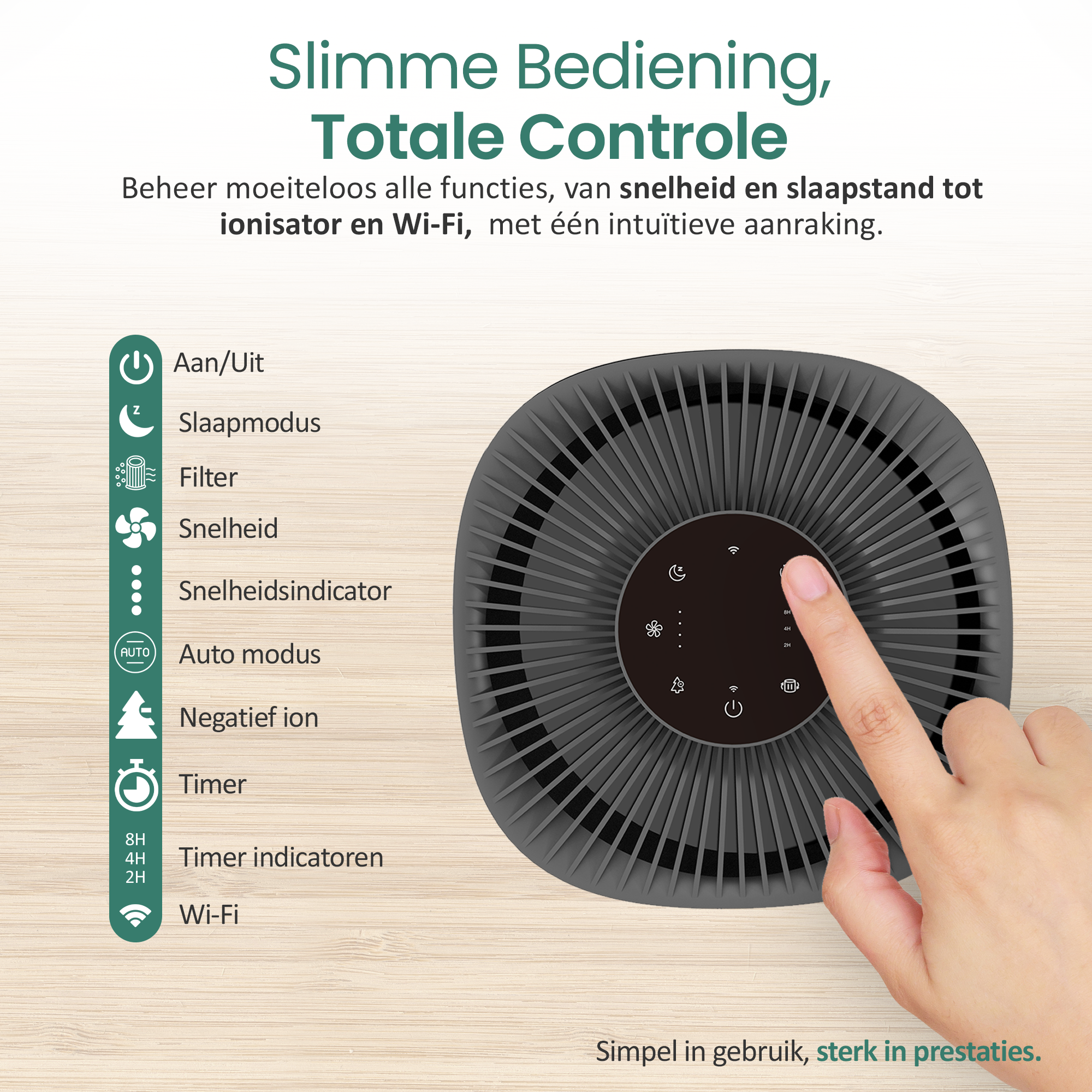 A hand touches a control panel on an air purifier. Text describes functions like speed, sleep mode, and Wi-Fi.