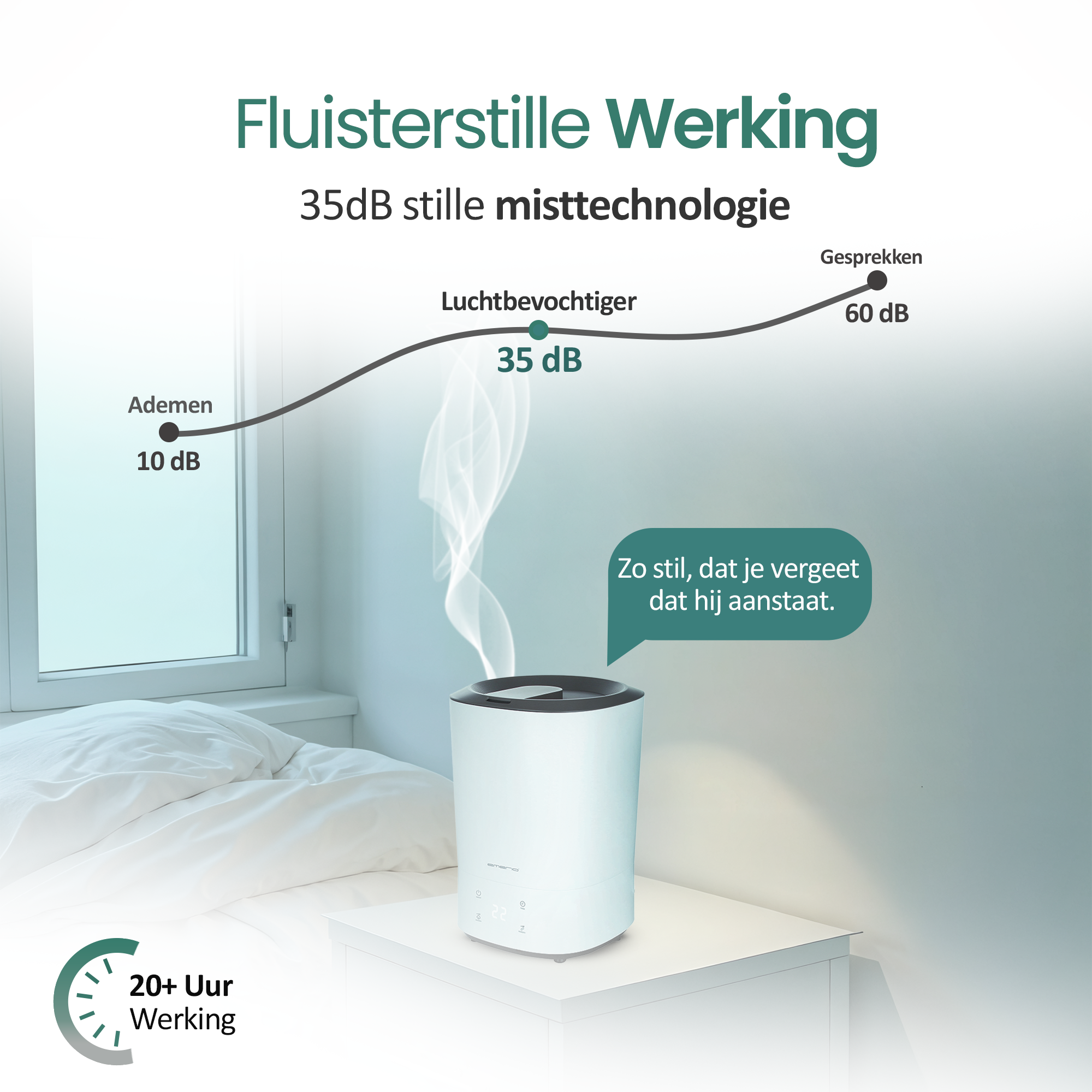 A white humidifier releases vapor. Text includes 'Whisper Quiet Operation' and noise levels. A bed and window are in the background.