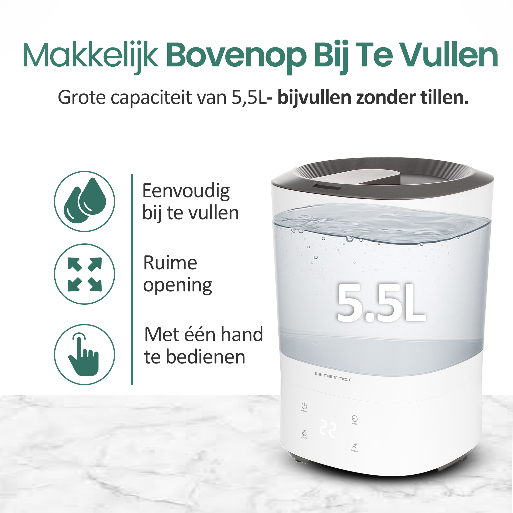 A white humidifier with water inside, featuring a digital display and buttons. Text: Easy to fill, 5.5L capacity.