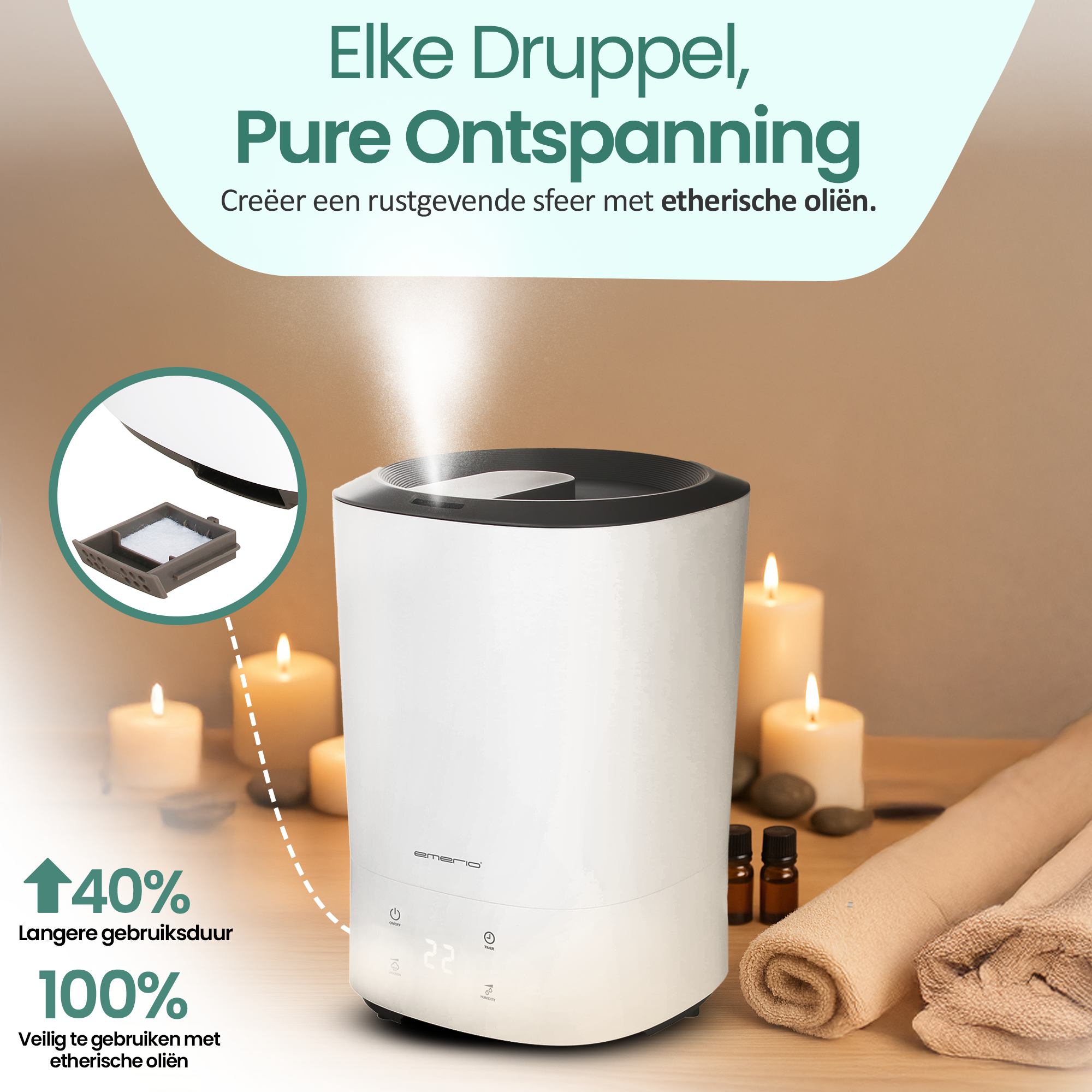 A white humidifier with steam, candles, oils, and towels. Text reads: Pure Relaxation, safe for essential oils.