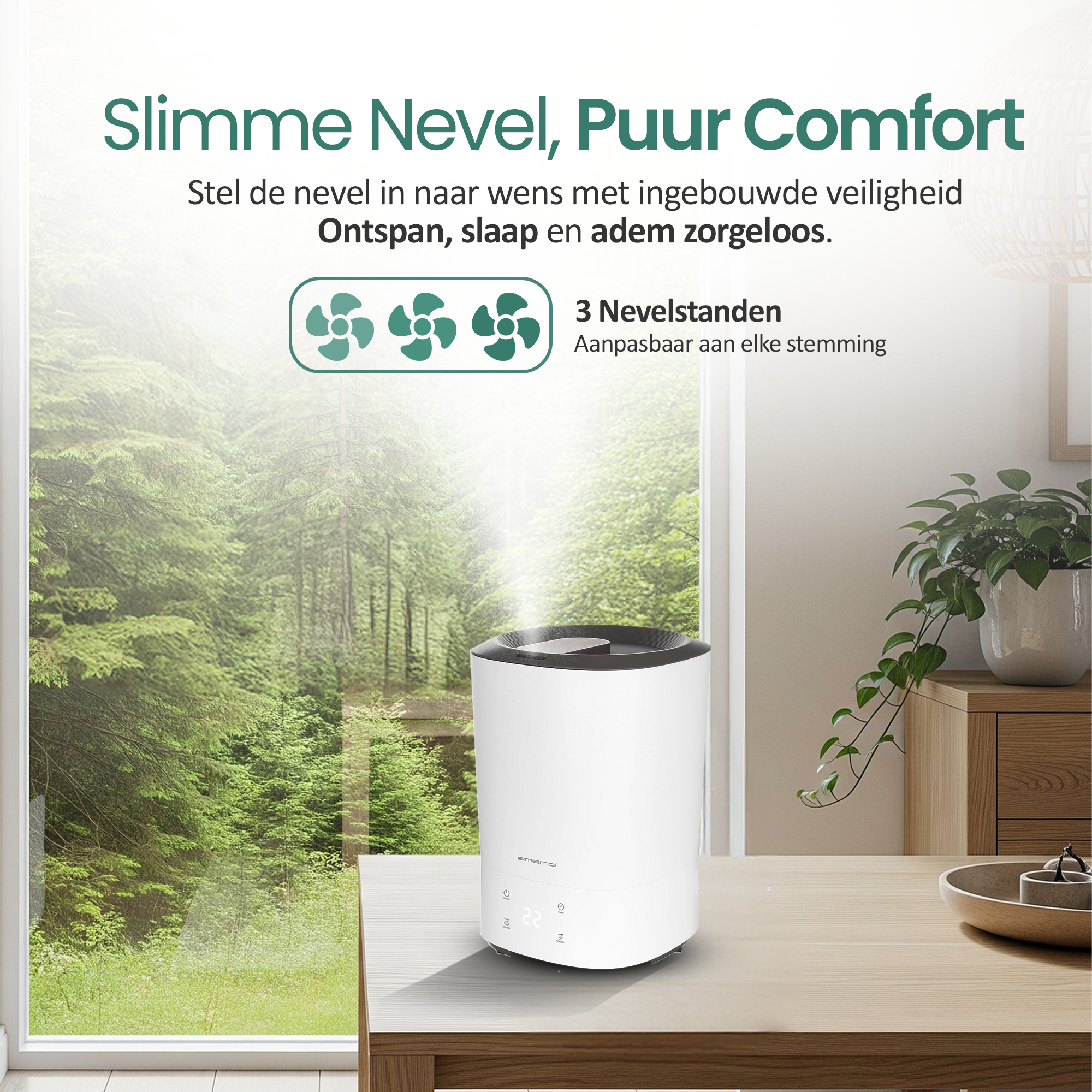 A white humidifier on a wooden table. A window shows a forest. Text at the top says 'Smart Mist, Pure Comfort'.