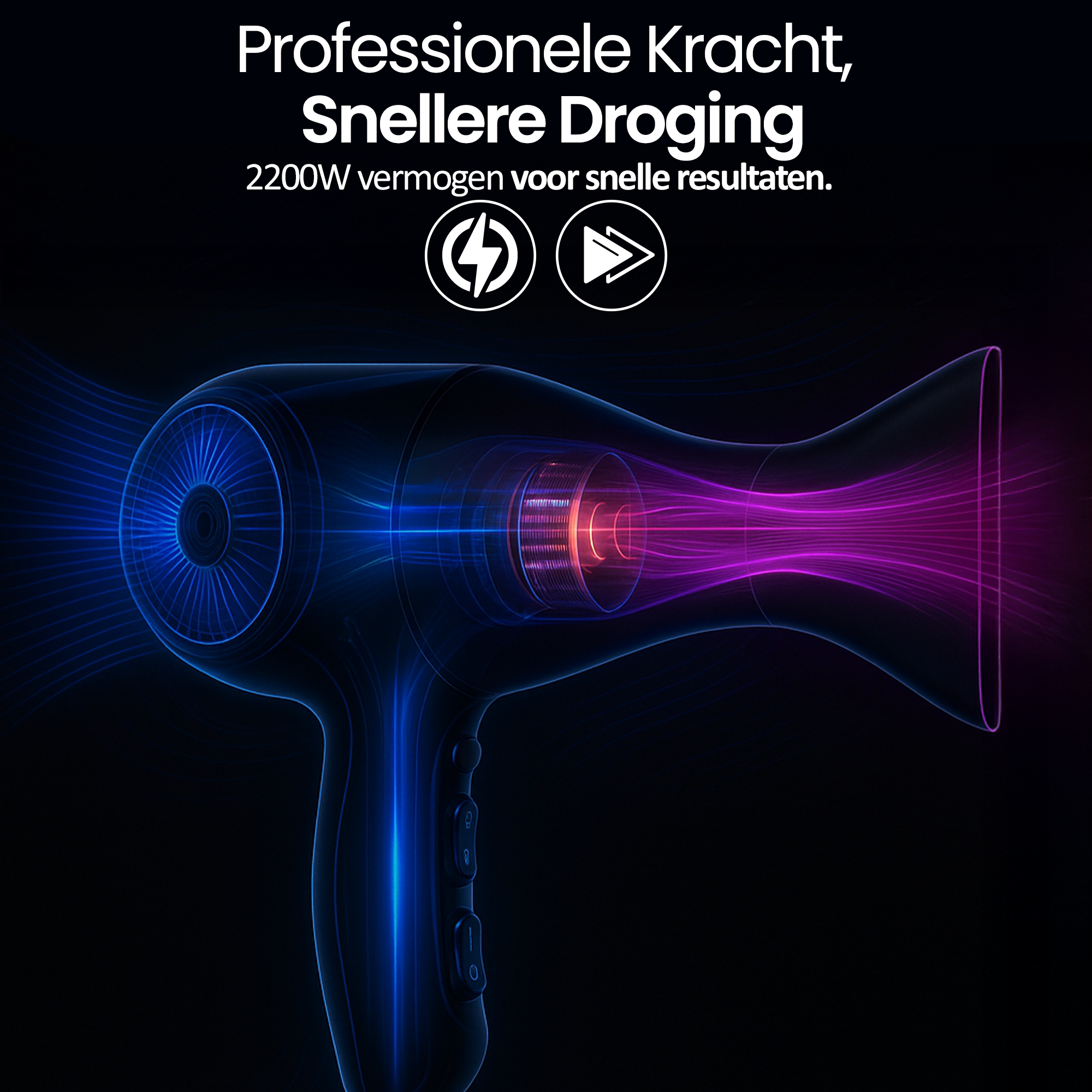 Een gloeiende föhn met blauwe en paarse energiestroom. Tekst zegt 'Professionele kracht, Sneller drogen'.