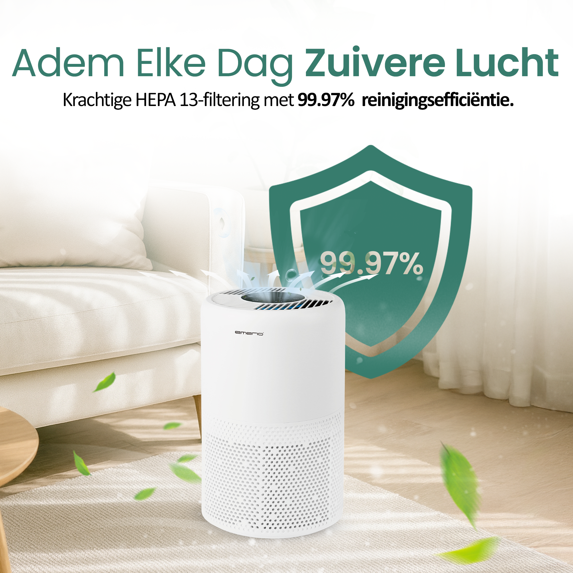White air purifier with green shield icon and text. Green leaves float. Beige sofa and carpet. Text: clean air.
