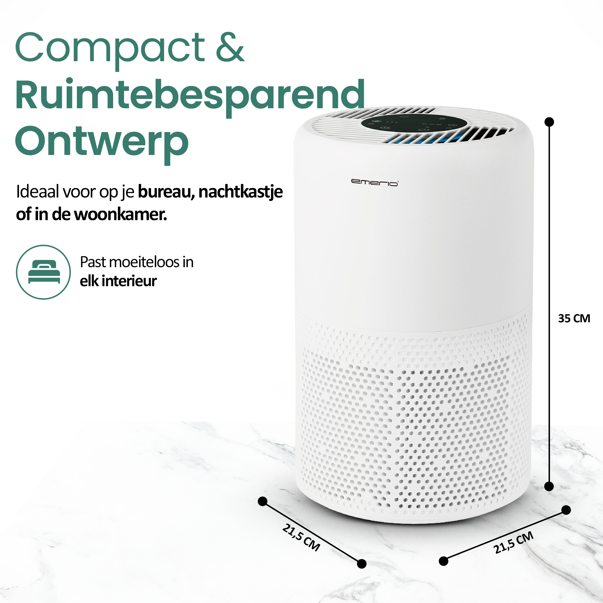 White air purifier with dimensions. Text describes design, and ideal location. White marble background.