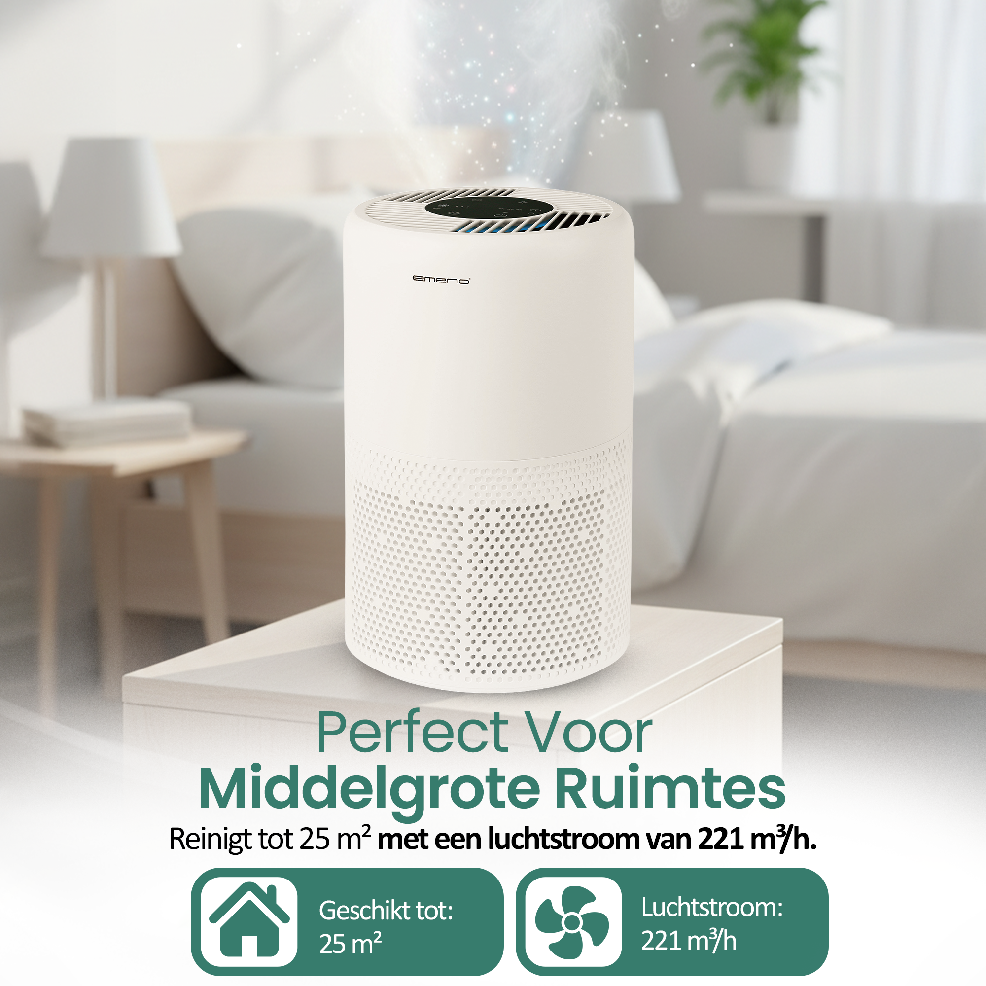 White air purifier on a white table in a bedroom. Text on the bottom indicates it cleans up to 25 m².