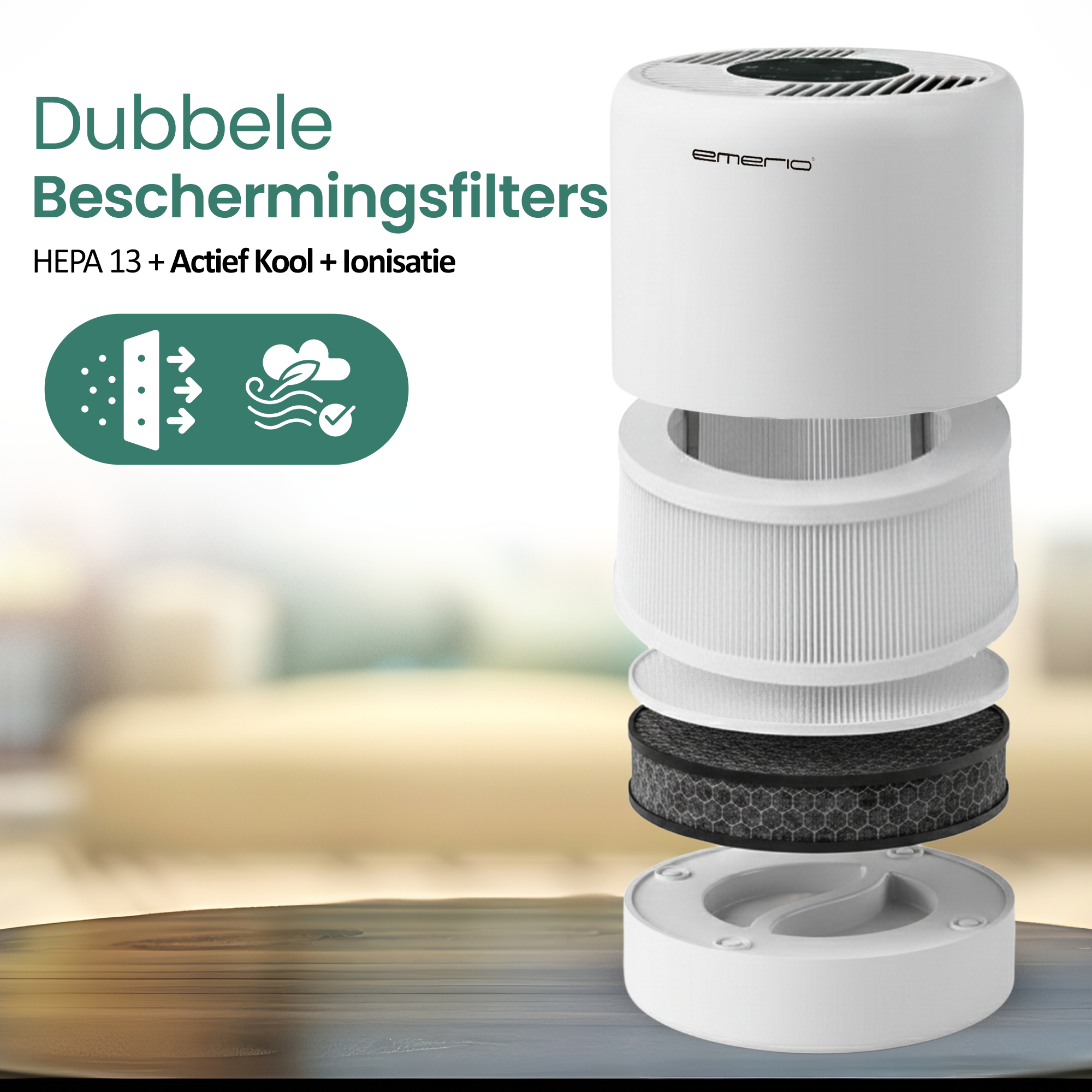White air purifier with filters displayed. Text says 'Double Protection Filters'. Includes HEPA 13, active carbon and ionization.