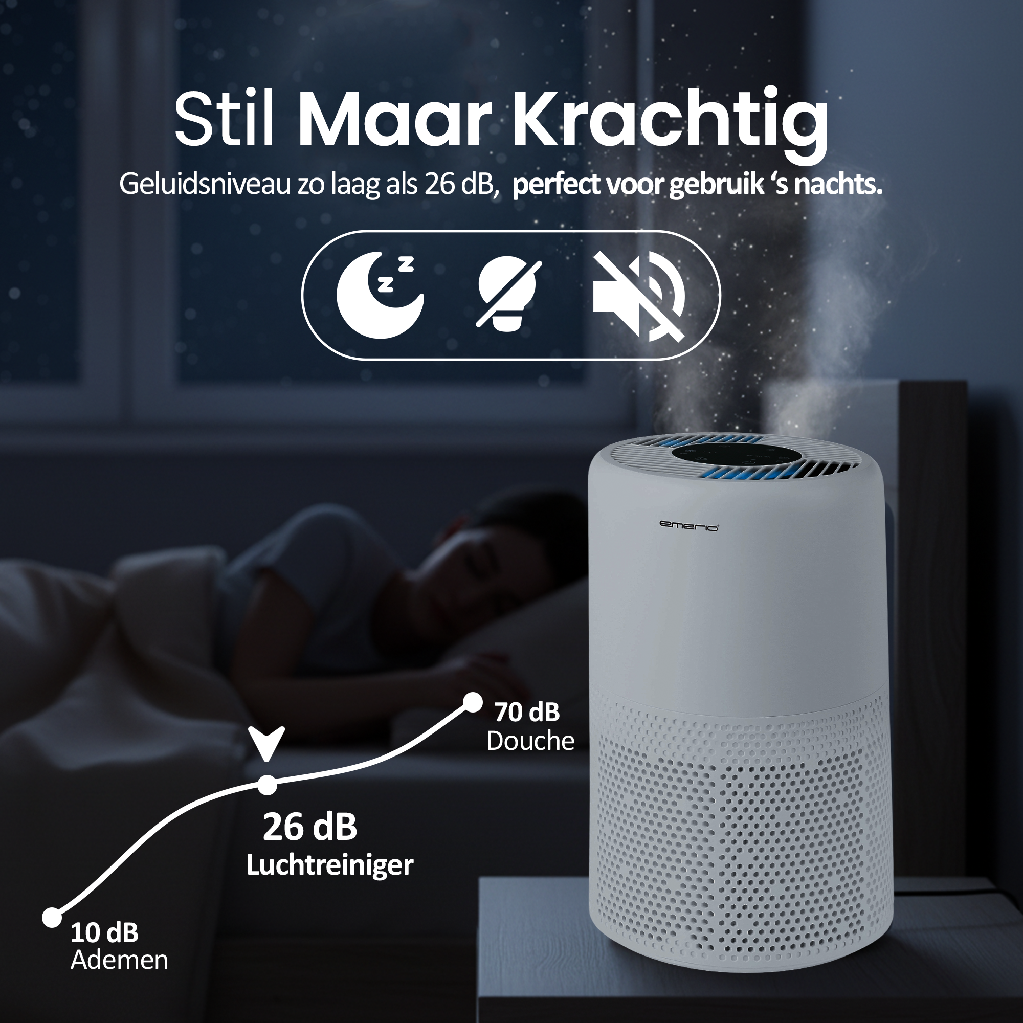 An air purifier next to a bed. A person sleeps in the background. Text indicates the purifier is quiet.