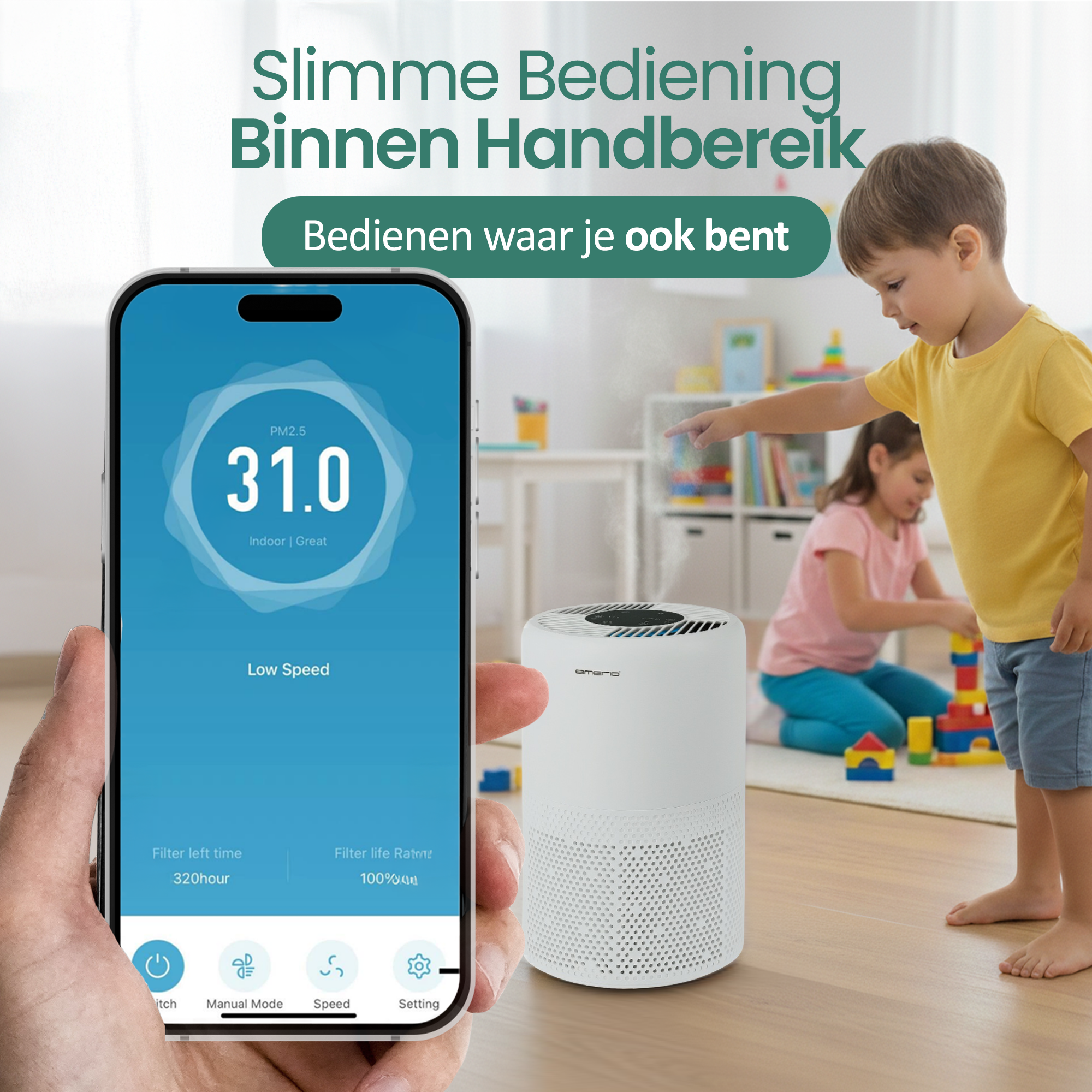 A phone shows air quality. A boy points at a white air purifier. A girl plays with blocks.