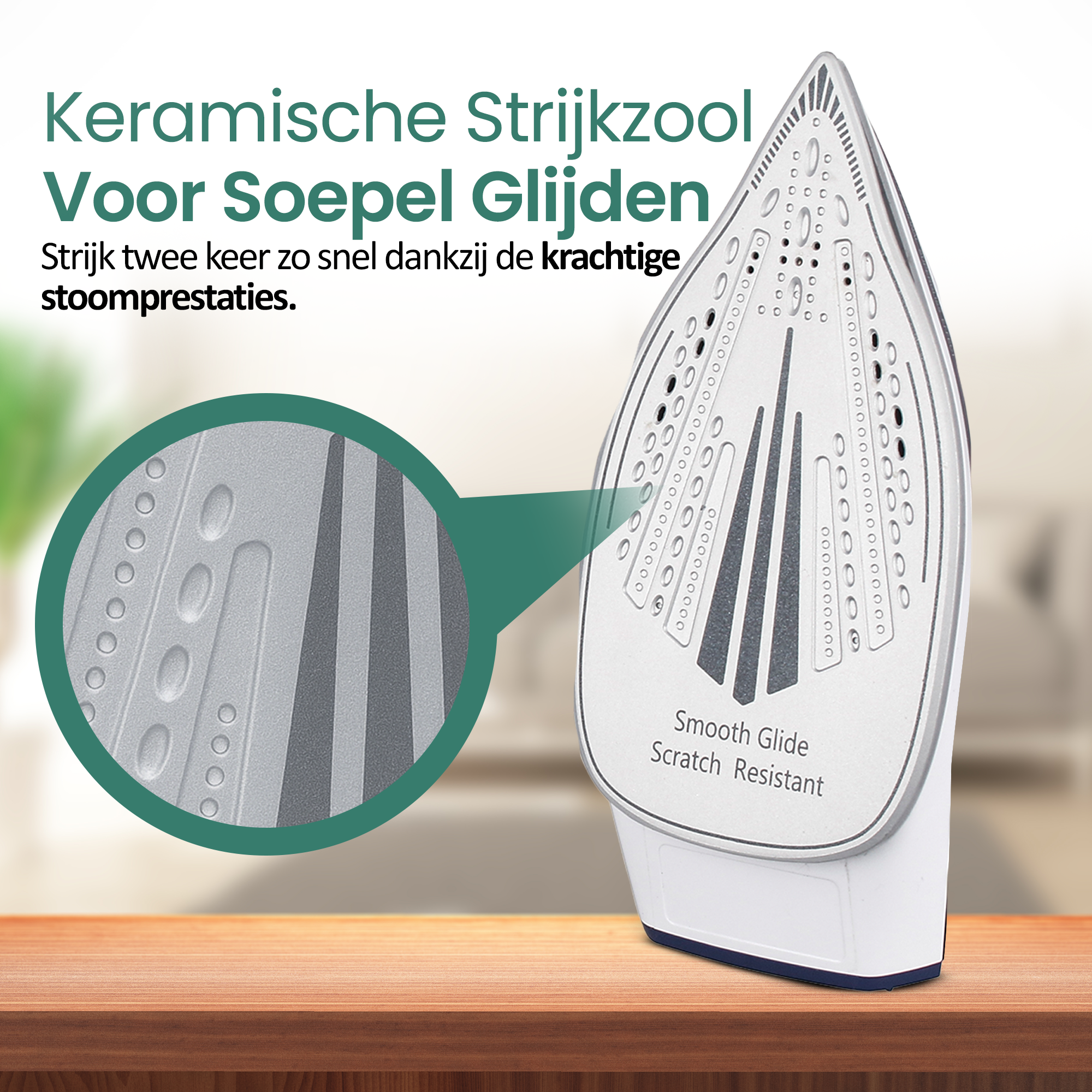 Un fer à repasser avec une semelle en céramique est sur une surface en bois. Le texte dit 'Smooth Glide, Scratch Resistant'. Détails de la semelle.