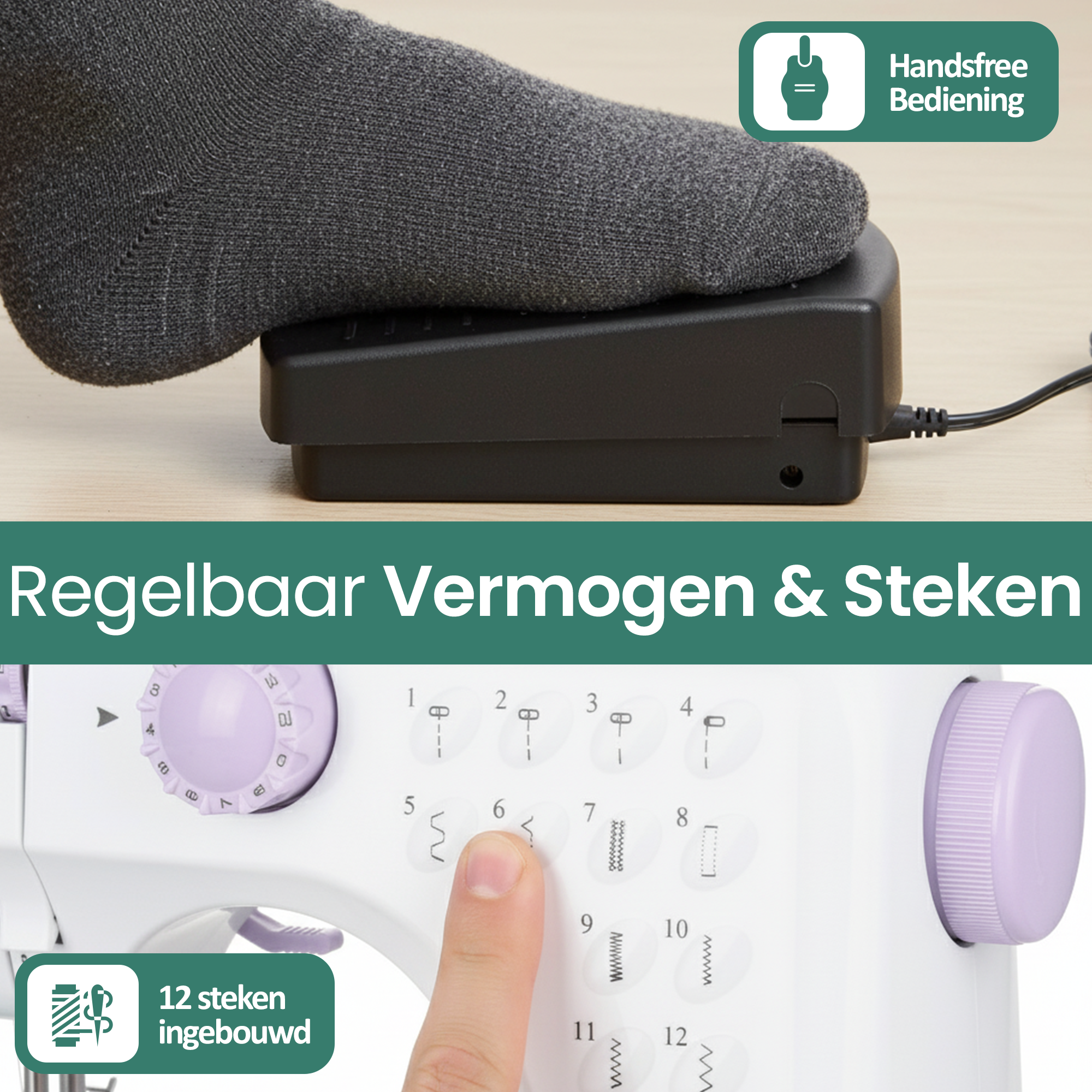 Stopa naciska pedał maszyny do szycia. Palec dotyka przycisku wyboru ściegu. Pokazano różne funkcje maszyny.