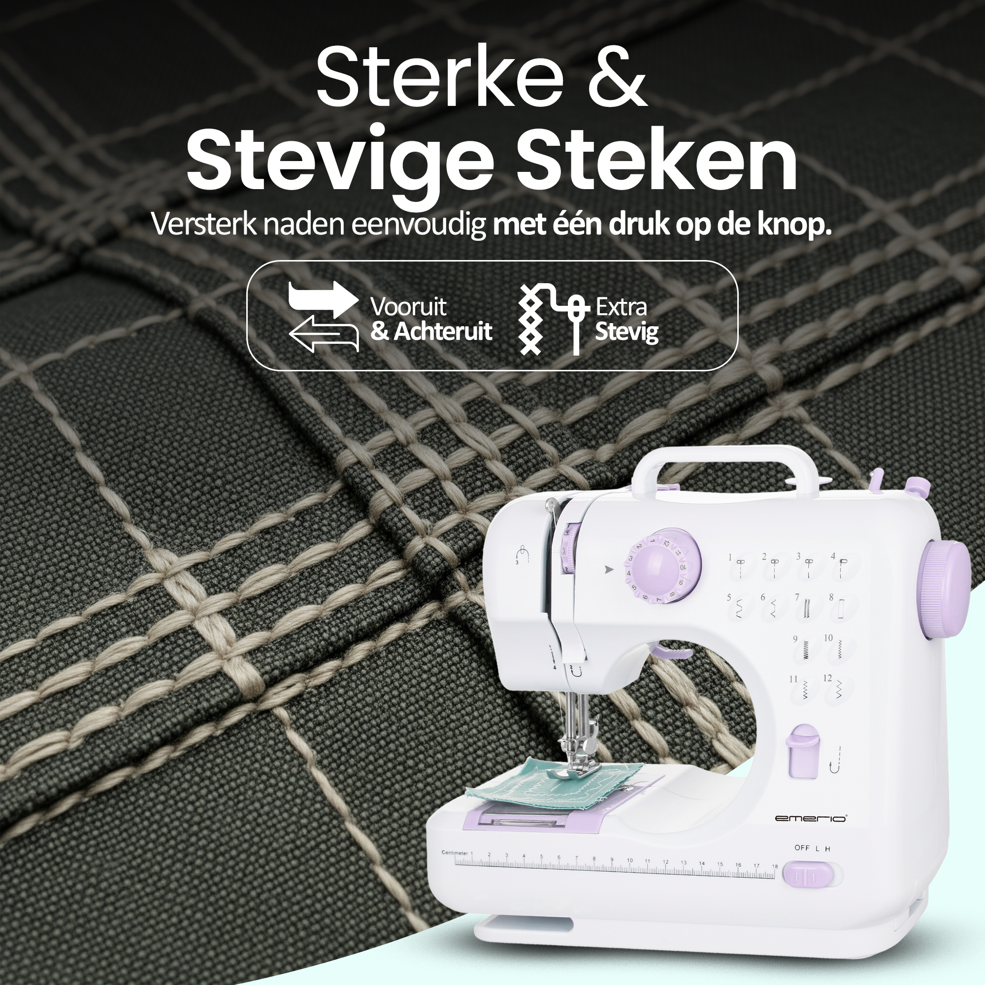 Biała maszyna do szycia z fioletowymi akcentami na tle zielonego tła z tekstem.