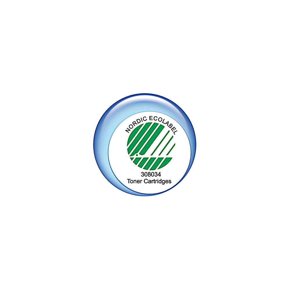Il logo Nordic Ecolabel in un cerchio blu su sfondo bianco. Contiene linee verdi e il testo '308034 Toner Cartridges'.