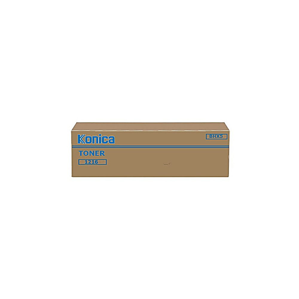 Una scatola di toner Konica marrone. Il testo include Konica, Toner, 1216 e BHX5. Testo blu su sfondo marrone.