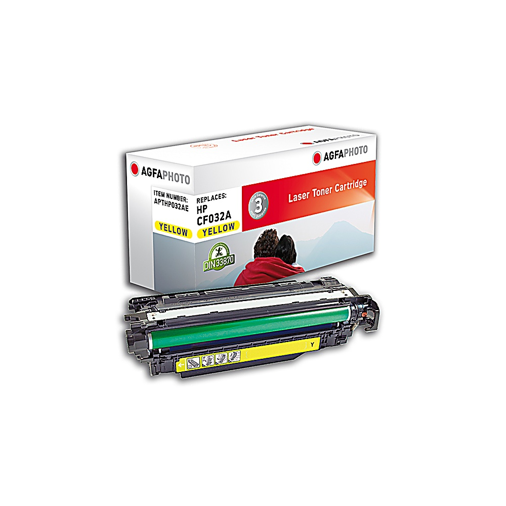 Una cartuccia toner laser AgfaPhoto. La scatola riporta 'Cartuccia toner laser'. La cartuccia è gialla e verde.