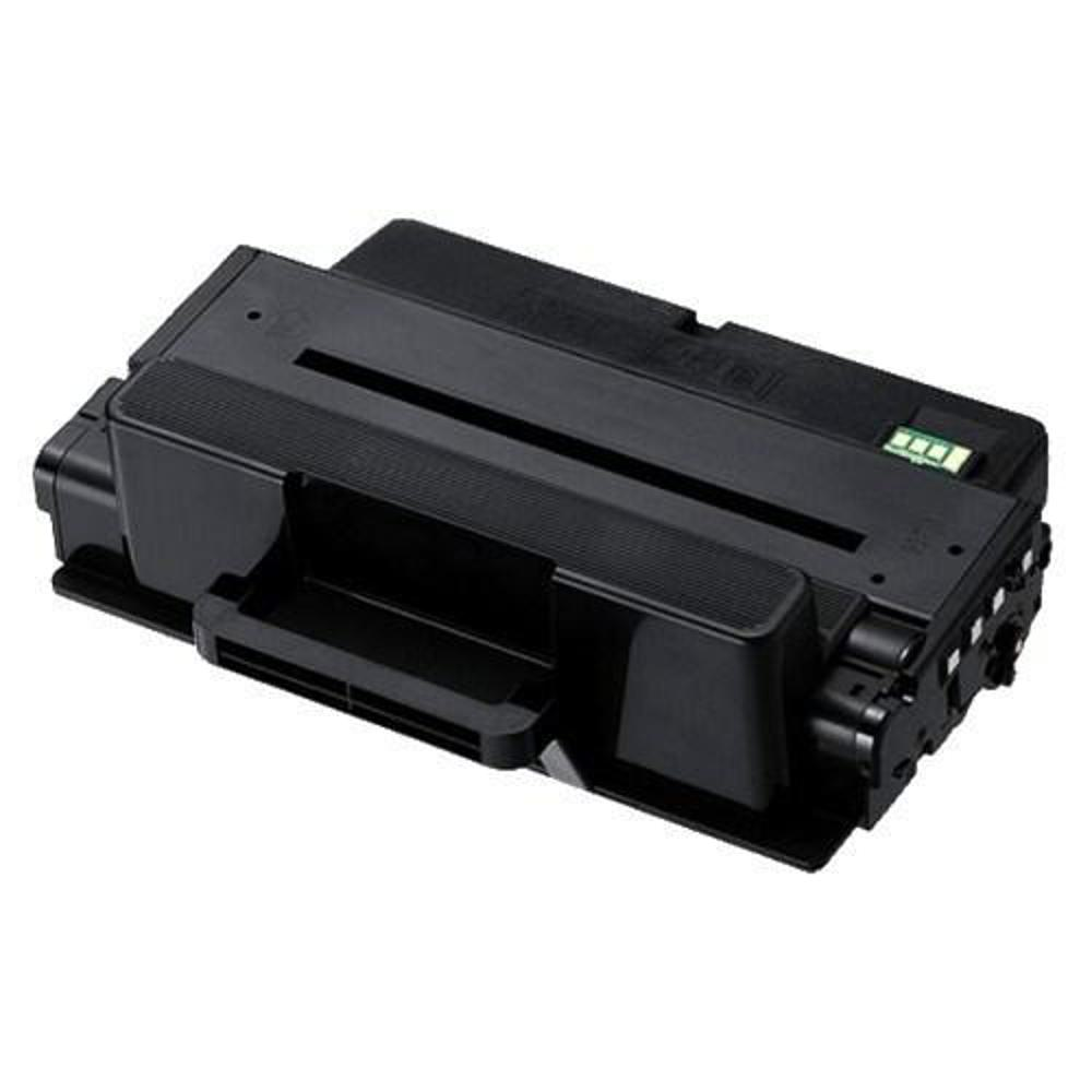 Una cartuccia toner nera per stampante. Ha vari scomparti e una spia verde. Lo sfondo è bianco.